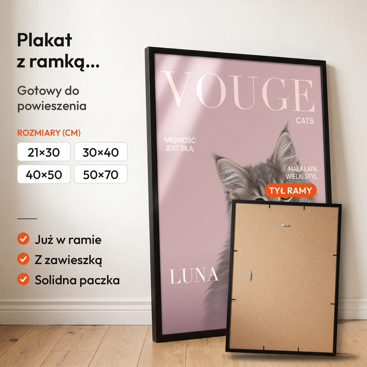Vouge Cats — plakat z ramką, gotowy do powieszenia: czarna rama od przodu i tył ramy z zawieszką. C-PL-PET-9-2130-NF