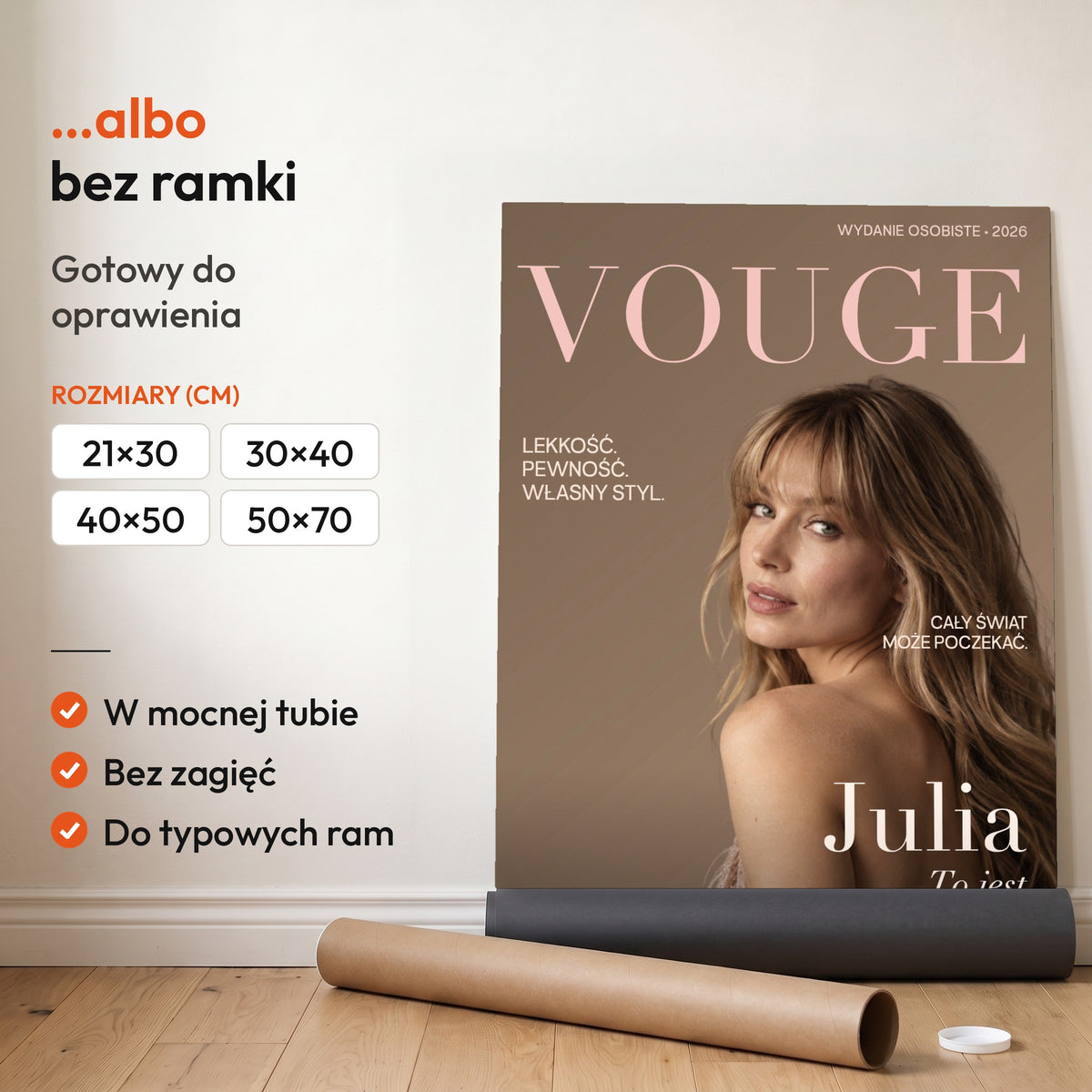 Vouge Jej Moment — plakat bez ramki, gotowy do oprawienia: rozwinięty z rolki, obok tuba do wysyłki. C-PL-COVMAG-57-2130-NF