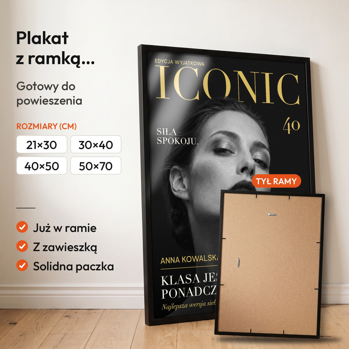 Iconic Ponadczasowa — plakat z ramką, gotowy do powieszenia: czarna rama od przodu i tył ramy z zawieszką. C-PL-COVMAG-58-2130-NF