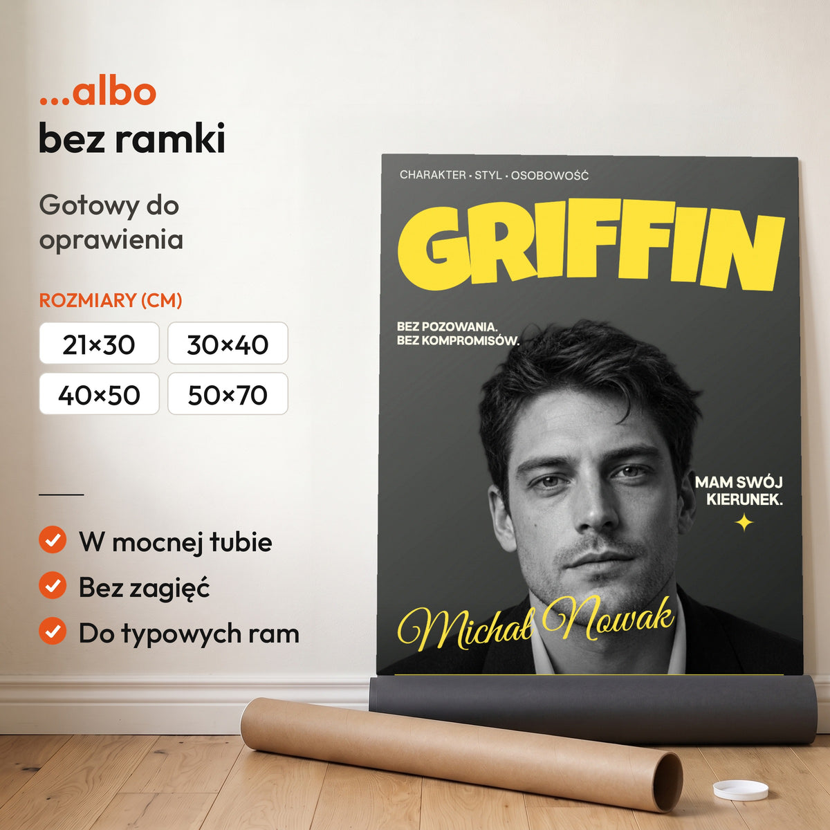 Griffin — plakat bez ramki, gotowy do oprawienia: rozwinięty z rolki, obok tuba do wysyłki. C-PL-COVMAG-59-2130-NF