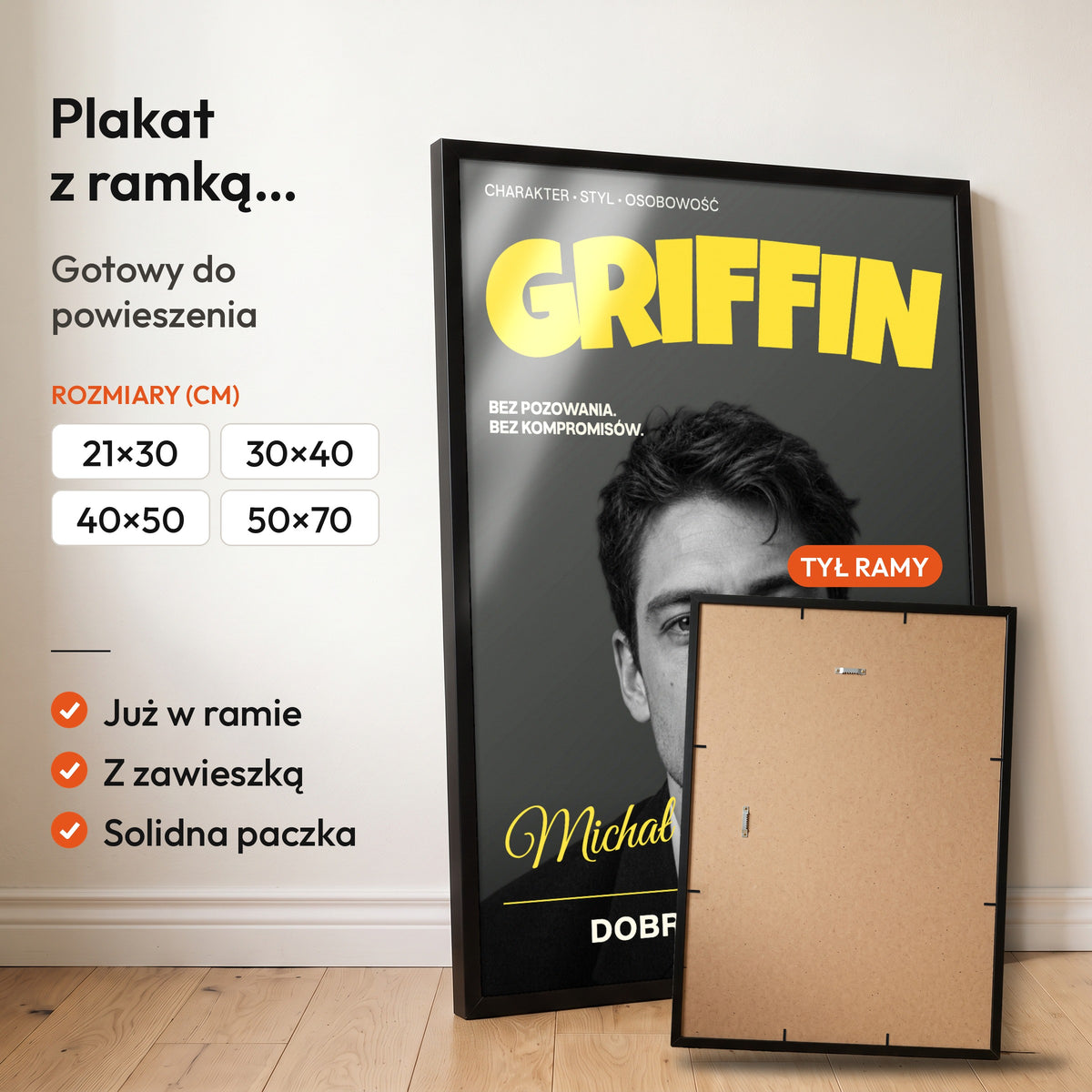 Griffin — plakat z ramką, gotowy do powieszenia: czarna rama od przodu i tył ramy z zawieszką. C-PL-COVMAG-59-2130-NF