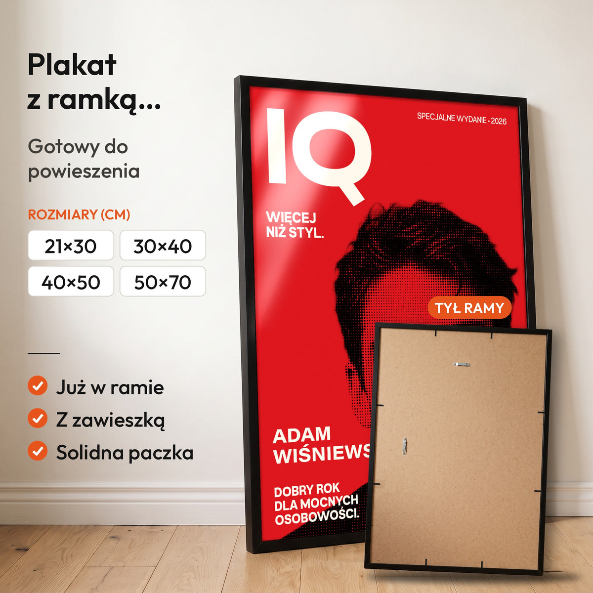IQ — plakat z ramką, gotowy do powieszenia: czarna rama od przodu i tył ramy z zawieszką. C-PL-COVMAG-60-2130-NF