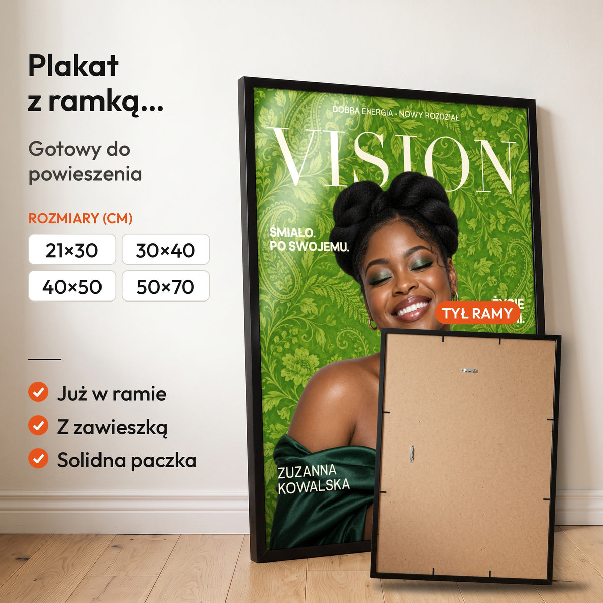 Vision Rozkwitaj — plakat z ramką, gotowy do powieszenia: czarna rama od przodu i tył ramy z zawieszką. C-PL-COVMAG-61-2130-NF