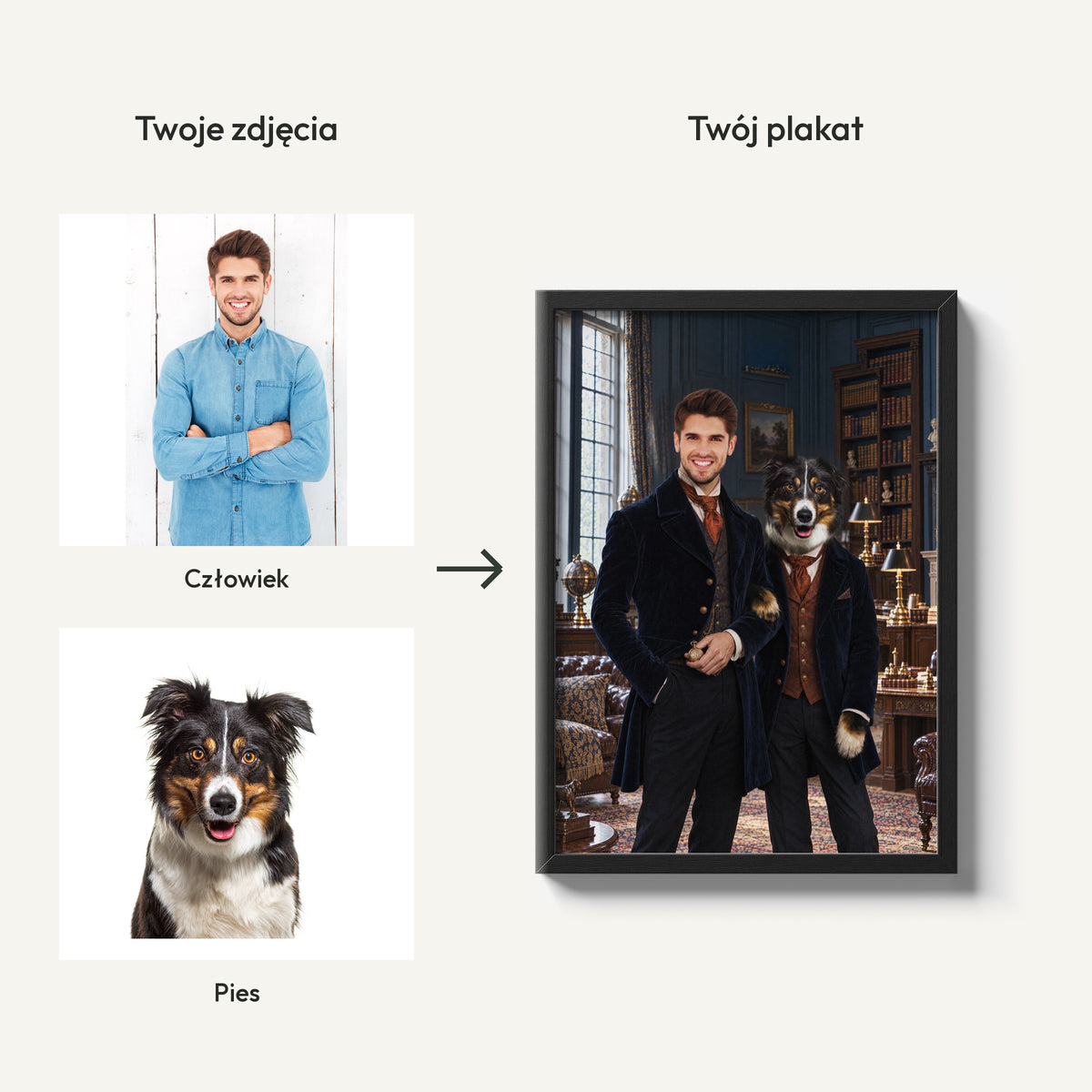 Hrabia i Powiernik — plakat z psem — dwa zdjęcia człowieka i pupila oraz gotowy wspólny portret C-PL-ROY-PET-02-2130-NF