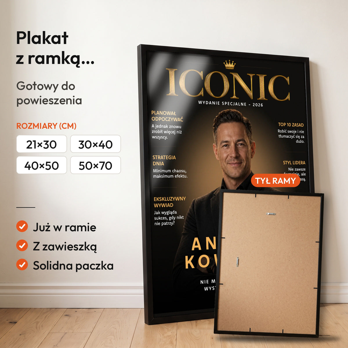 Iconic — plakat z ramką, gotowy do powieszenia: czarna rama od przodu i tył ramy z zawieszką. C-PL-COVMAG-2-2130-NF