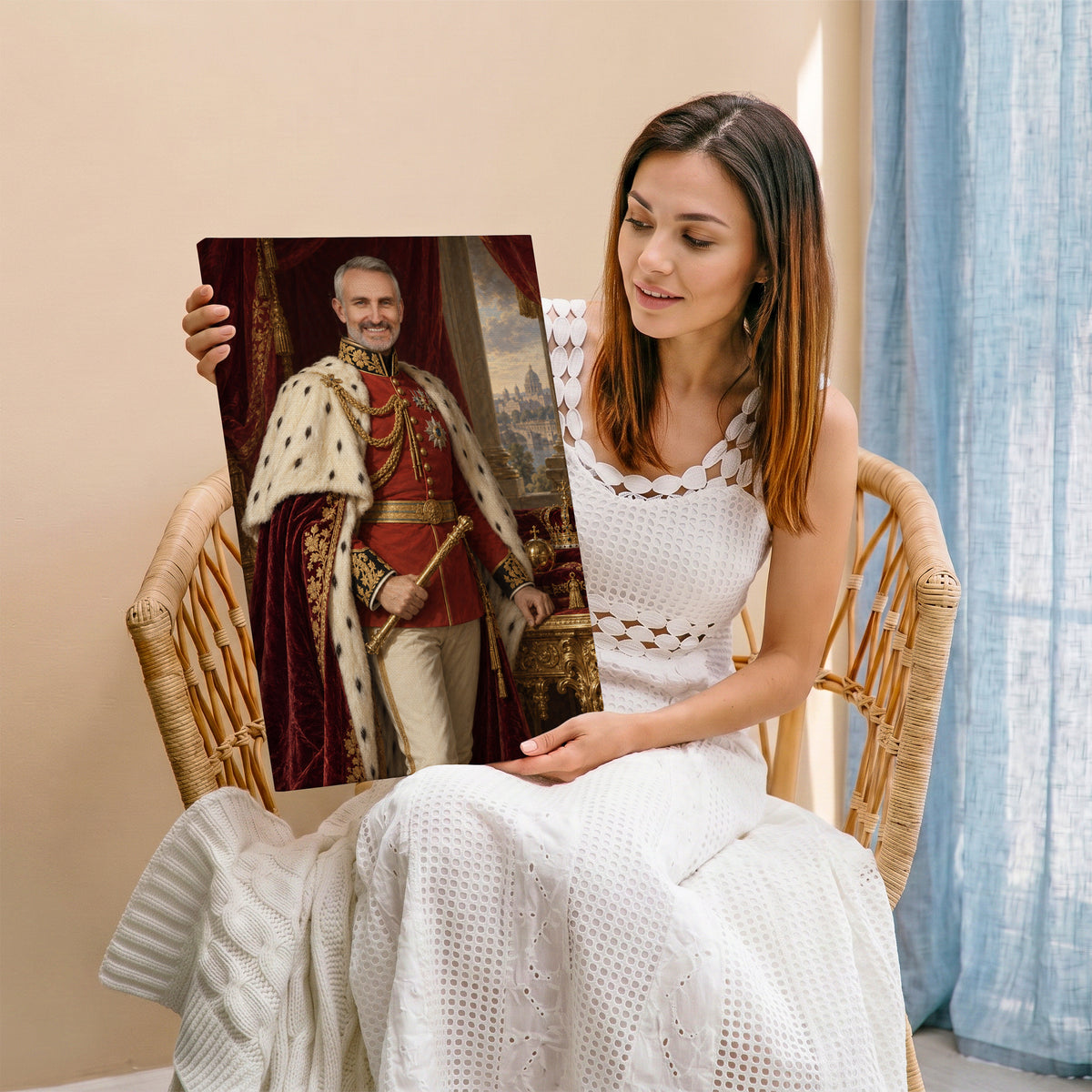 Imperator — portret ze zdjęcia na płótnie trzymany przez kobietę siedzącą w wiklinowym fotelu przy oknie. C-CV-ROY-10-2030