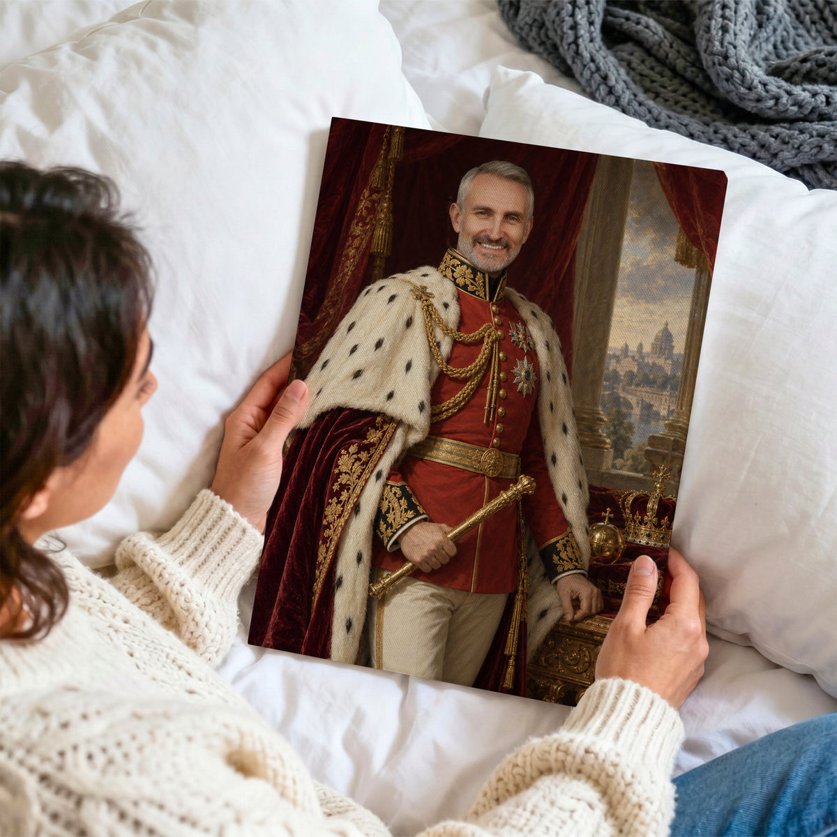 Imperator — personalizowany obraz na płótnie oglądany z bliska i trzymany w dłoniach na tle jasnej pościeli. C-CV-ROY-10-2030