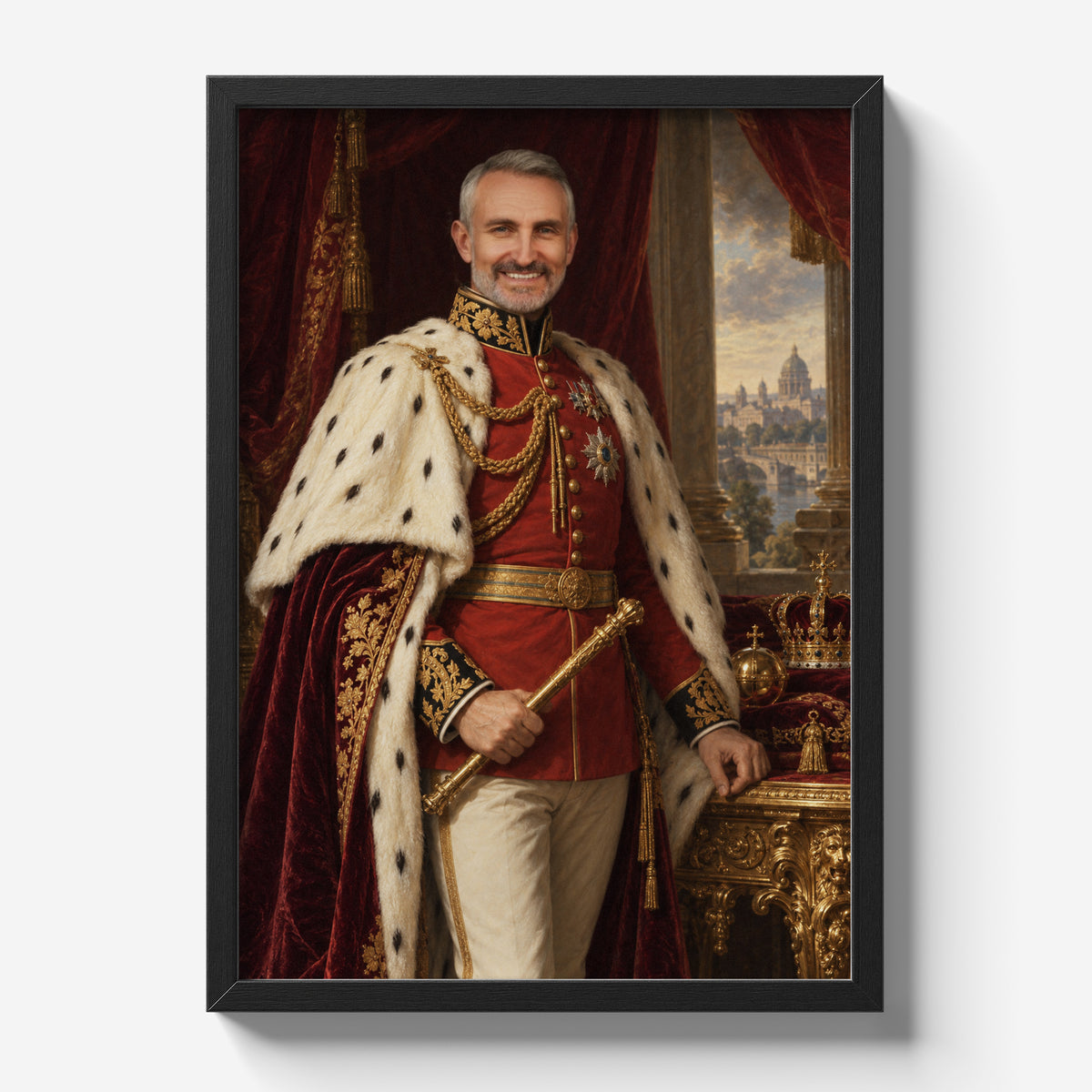Imperator — plakat ze zdjęcia w czarnej ramie na jasnym tle, z portretem mężczyzny w czerwonym stroju z odznaczeniami i jasnym płaszczu.