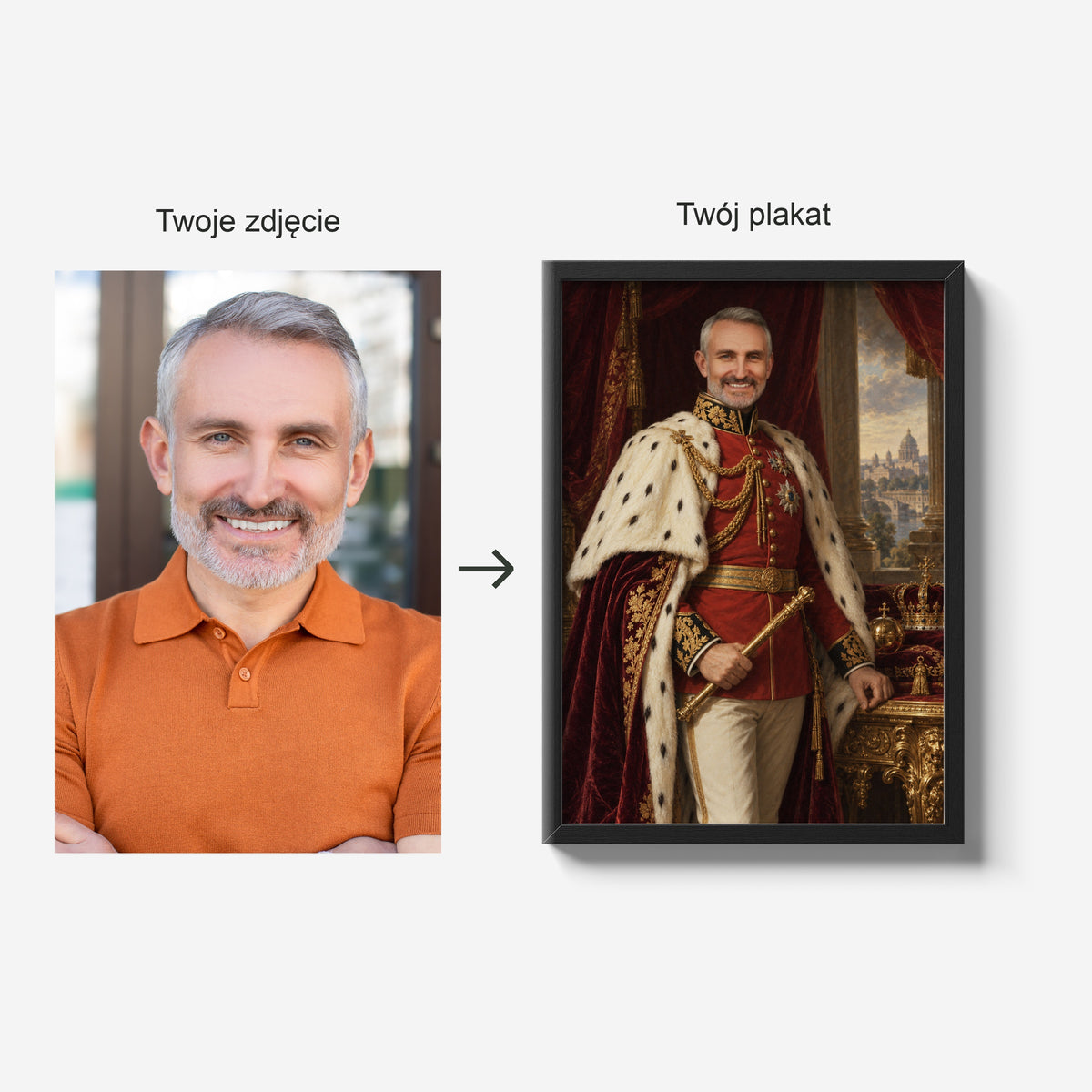 Imperator — zdjęcie źródłowe i gotowy plakat w czarnej ramie; porównanie tej samej osoby przed i po personalizacji. C-PL-ROY-10-2130-NF