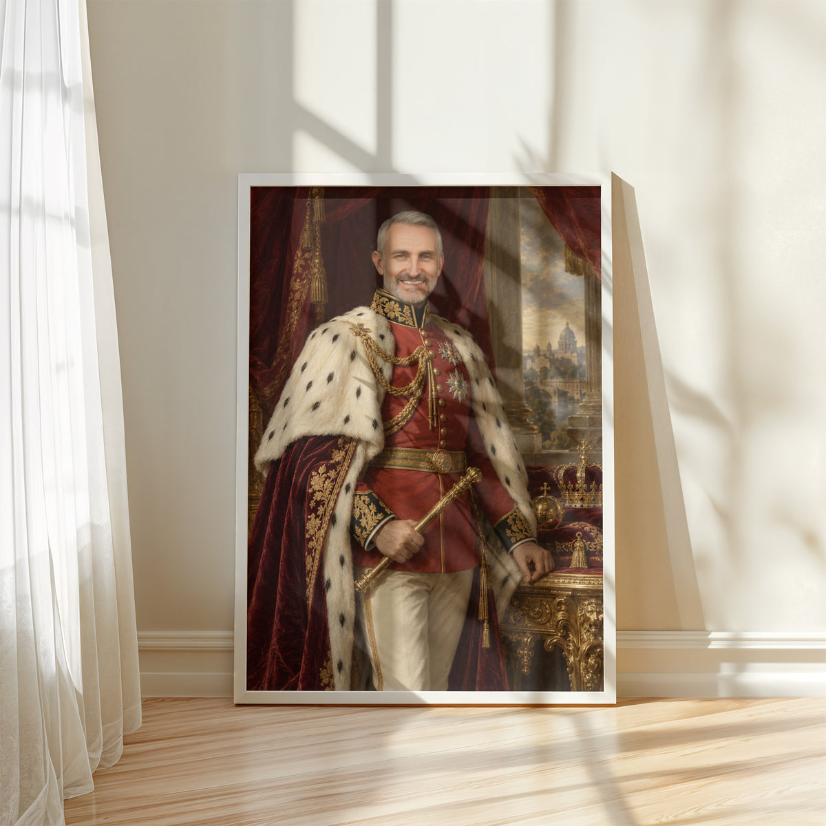 Imperator — plakat w białej ramie przy oknie, z portretem mężczyzny w czerwonym stroju z odznaczeniami i jasnym płaszczu. C-PL-ROY-10-2130-NF