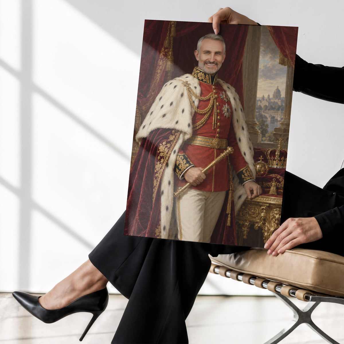 Imperator — plakat bez ramki trzymany w dłoniach, z portretem mężczyzny w czerwonym stroju z odznaczeniami i jasnym płaszczu. C-PL-ROY-10-2130-NF