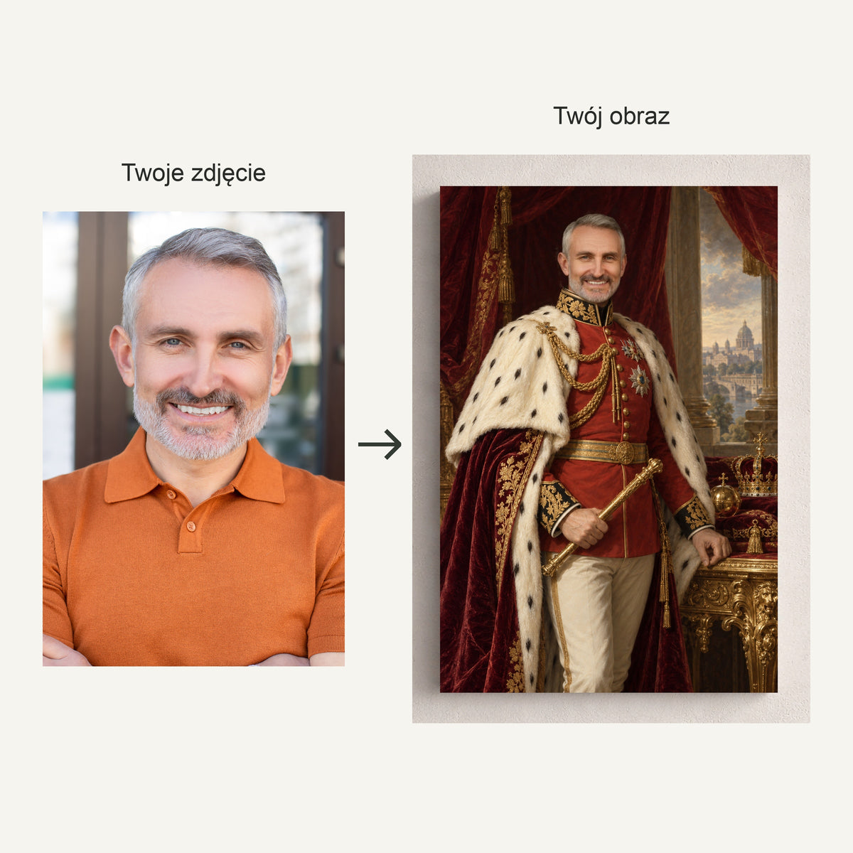Imperator — fotografia źródłowa i rzeczywisty portret ze zdjęcia na płótnie, pokazane obok siebie ze strzałką przed i po. C-CV-ROY-10-2030