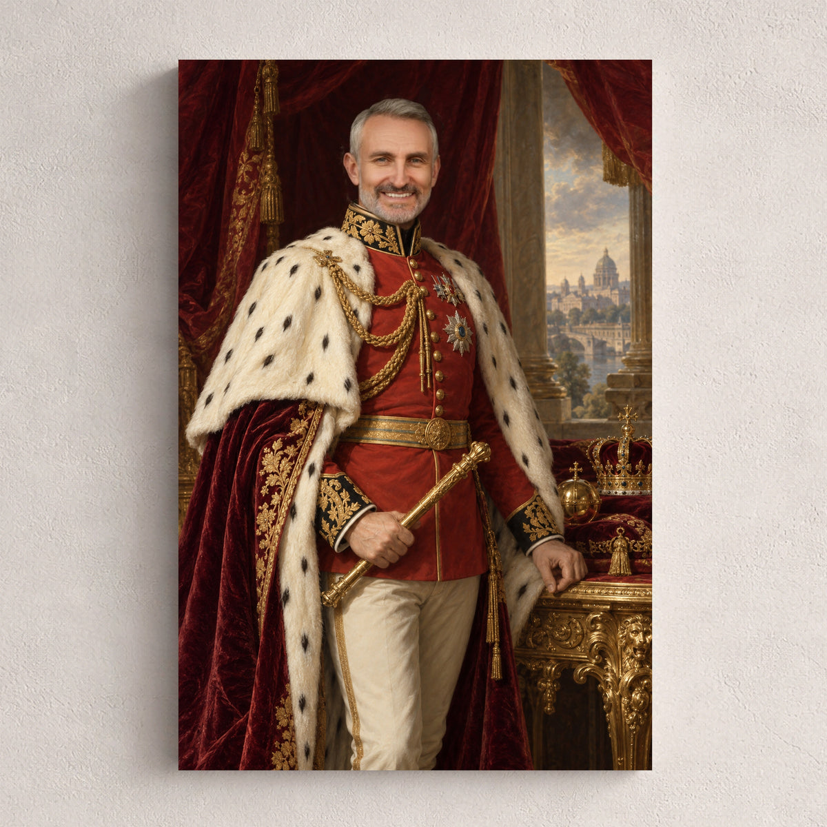 Imperator — personalizowany portret ze zdjęcia na płótnie, przykład obrazu w rozmiarze 20×30 cm na jasnej ścianie.