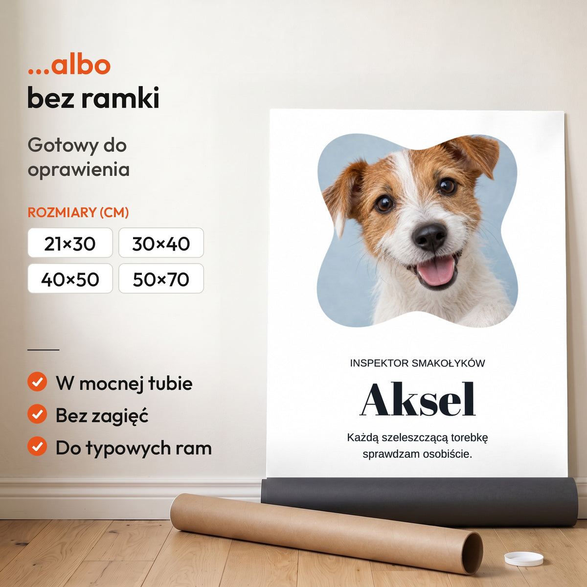 Inspektor Smakołyków — plakat bez ramki, gotowy do oprawienia: rozwinięty z rolki, obok tuba do wysyłki. C-PL-PET-4-2130-NF