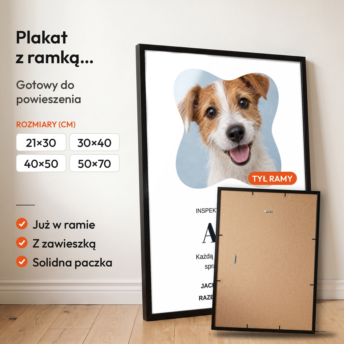 Inspektor Smakołyków — plakat z ramką, gotowy do powieszenia: czarna rama od przodu i tył ramy z zawieszką. C-PL-PET-4-2130-NF