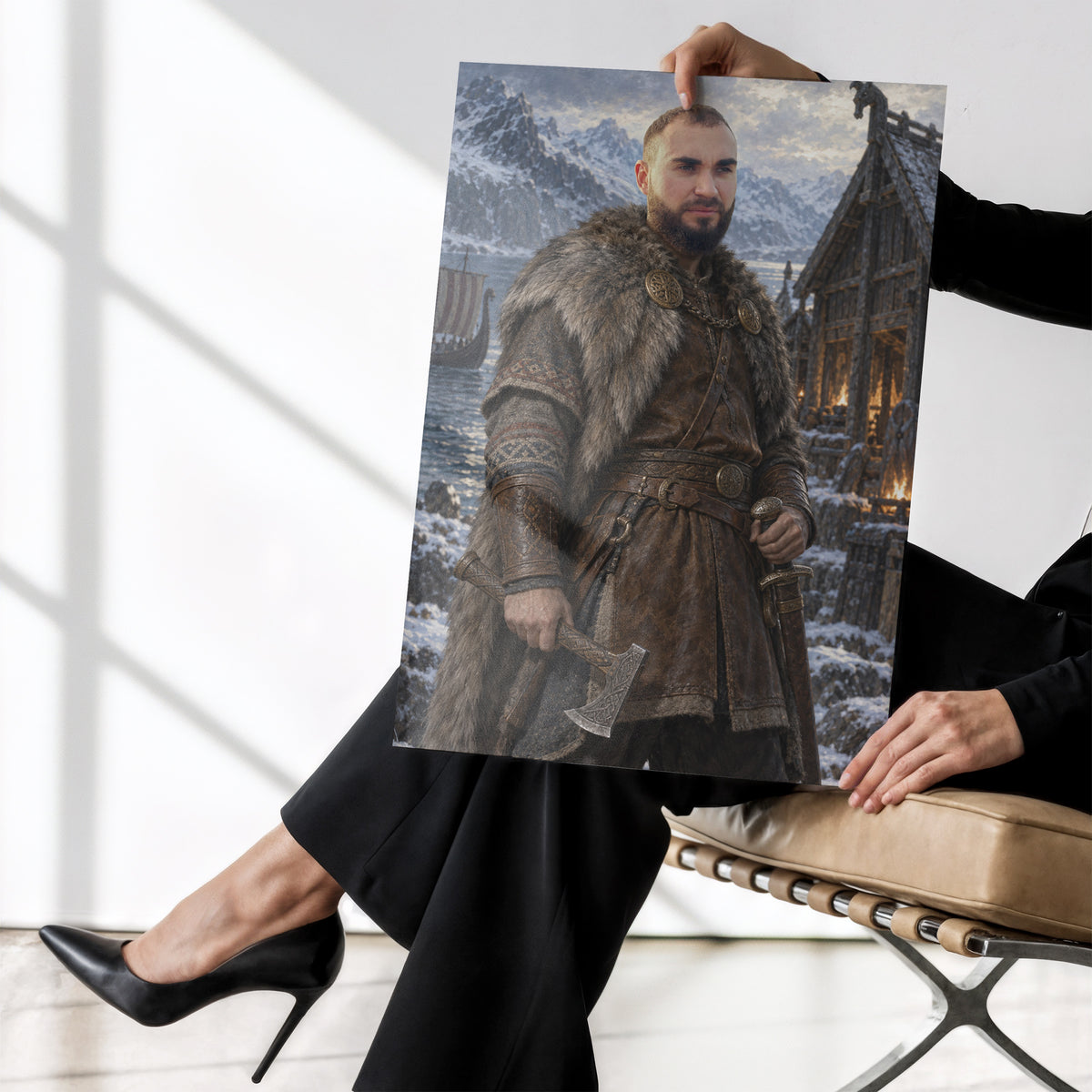 Jarl Północy — plakat bez ramki trzymany w dłoniach, z portretem mężczyzny w futrzanym płaszczu wikinga, z toporem na tle fiordu. C-PL-ROY-15-2130-NF