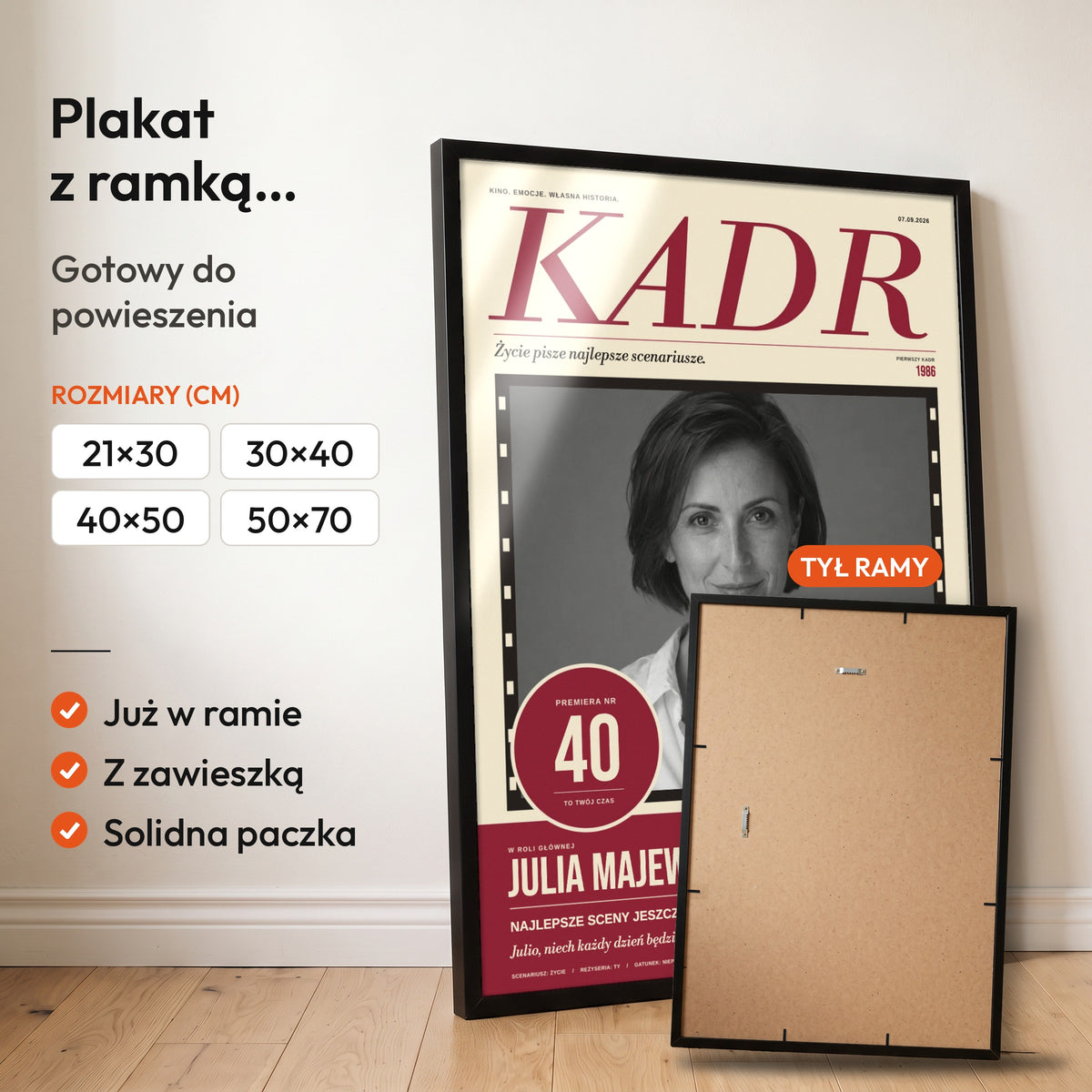 KADR — plakat z ramką, gotowy do powieszenia: czarna rama od przodu i tył ramy z zawieszką. C-PL-COVMAG-10-2130-NF
