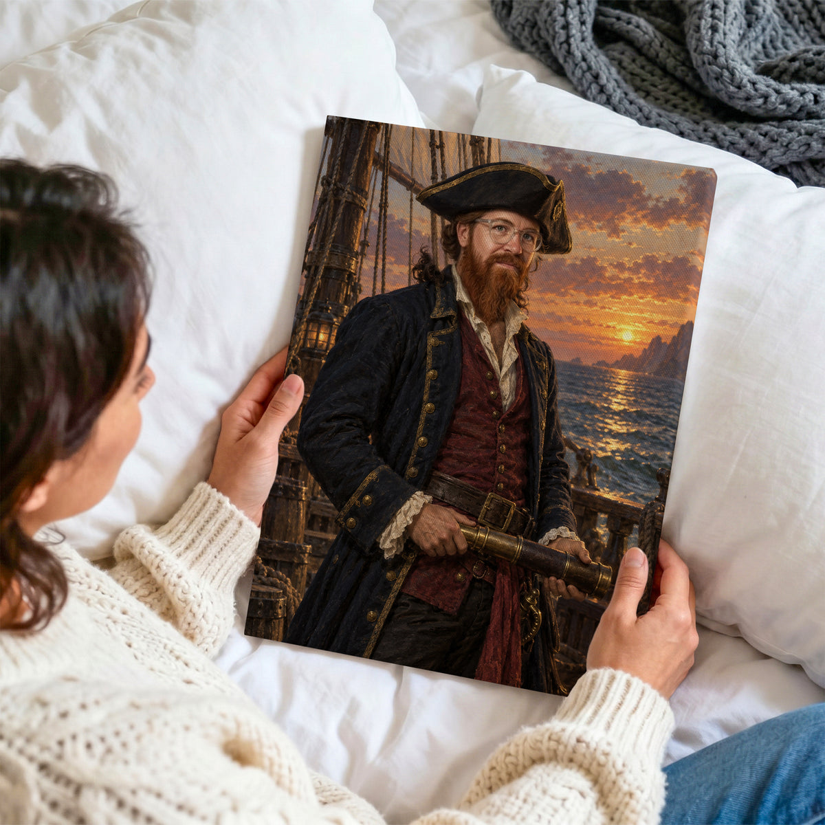 Kapitan piratów — personalizowany obraz na płótnie oglądany z bliska i trzymany w dłoniach na tle jasnej pościeli. C-CV-ROY-16-2030