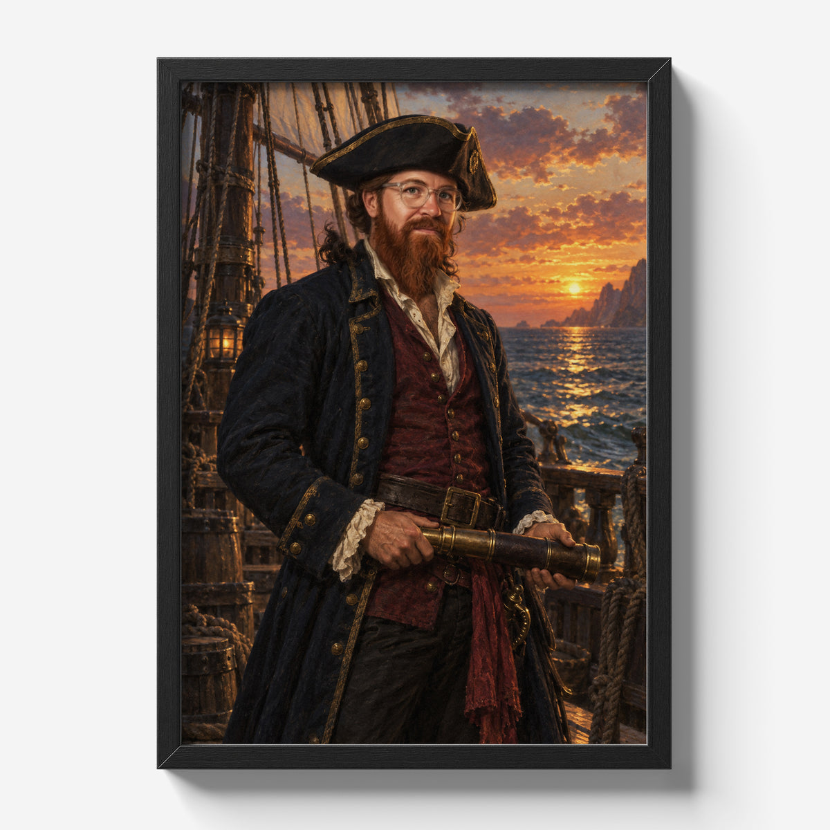 Kapitan Piratów — plakat ze zdjęcia w czarnej ramie na jasnym tle, z portretem mężczyzny w pirackim kapeluszu, z lunetą na pokładzie żaglowca.