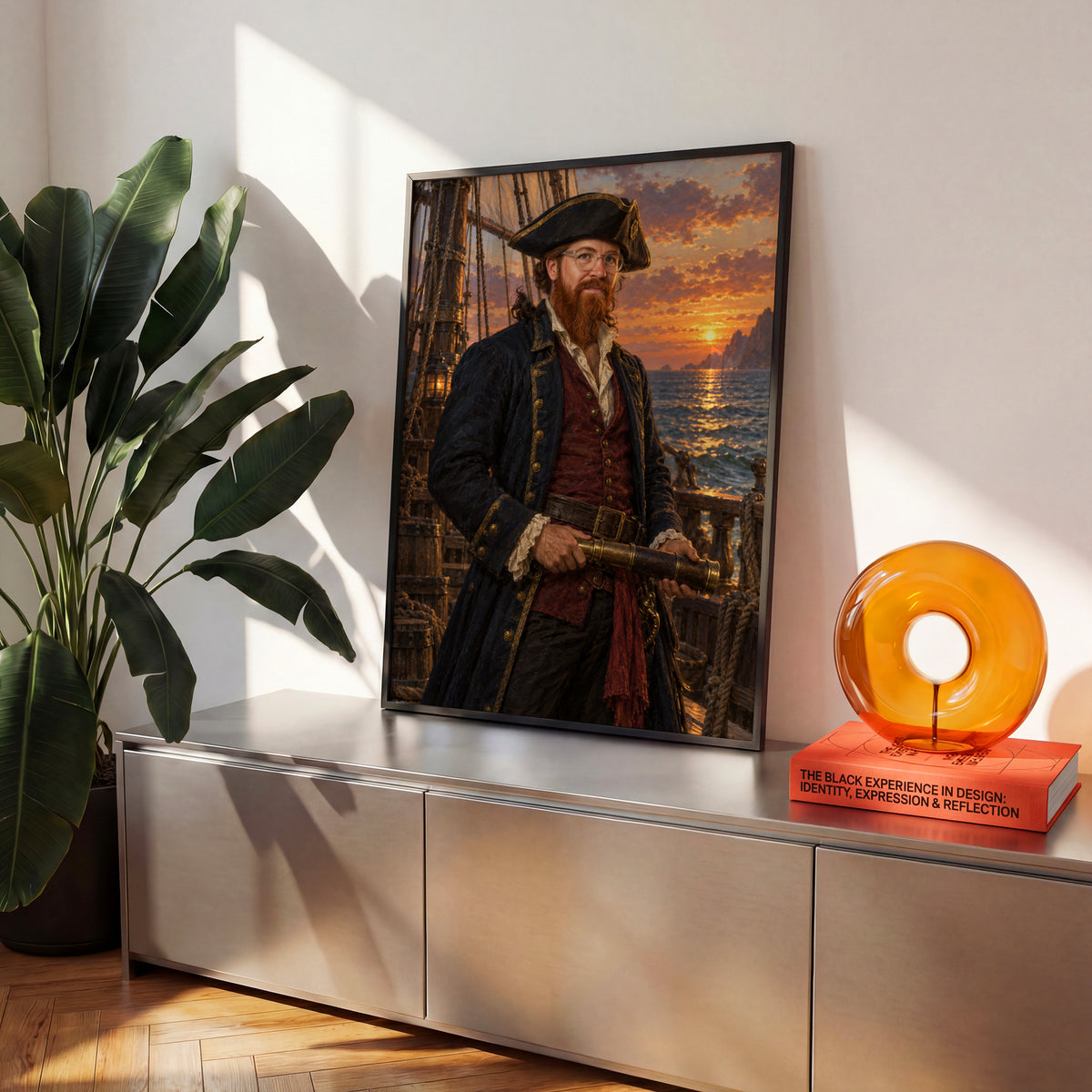 Kapitan Piratów — plakat w czarnej ramie na komodzie we wnętrzu, z portretem mężczyzny w pirackim kapeluszu, z lunetą na pokładzie żaglowca. C-PL-ROY-16-2130-NF