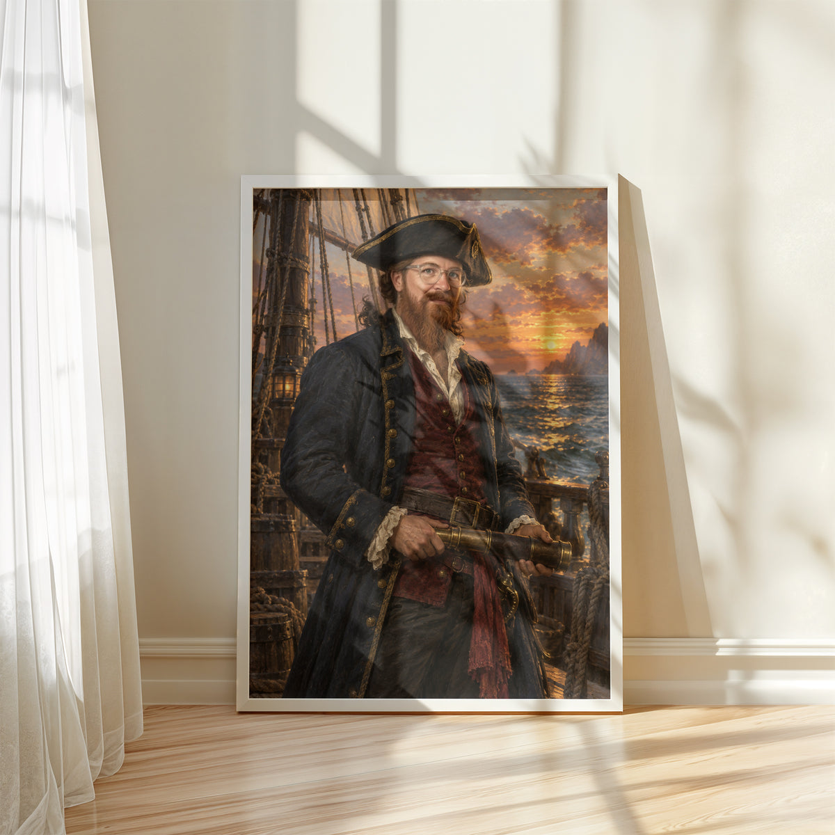 Kapitan Piratów — plakat w białej ramie przy oknie, z portretem mężczyzny w pirackim kapeluszu, z lunetą na pokładzie żaglowca. C-PL-ROY-16-2130-NF
