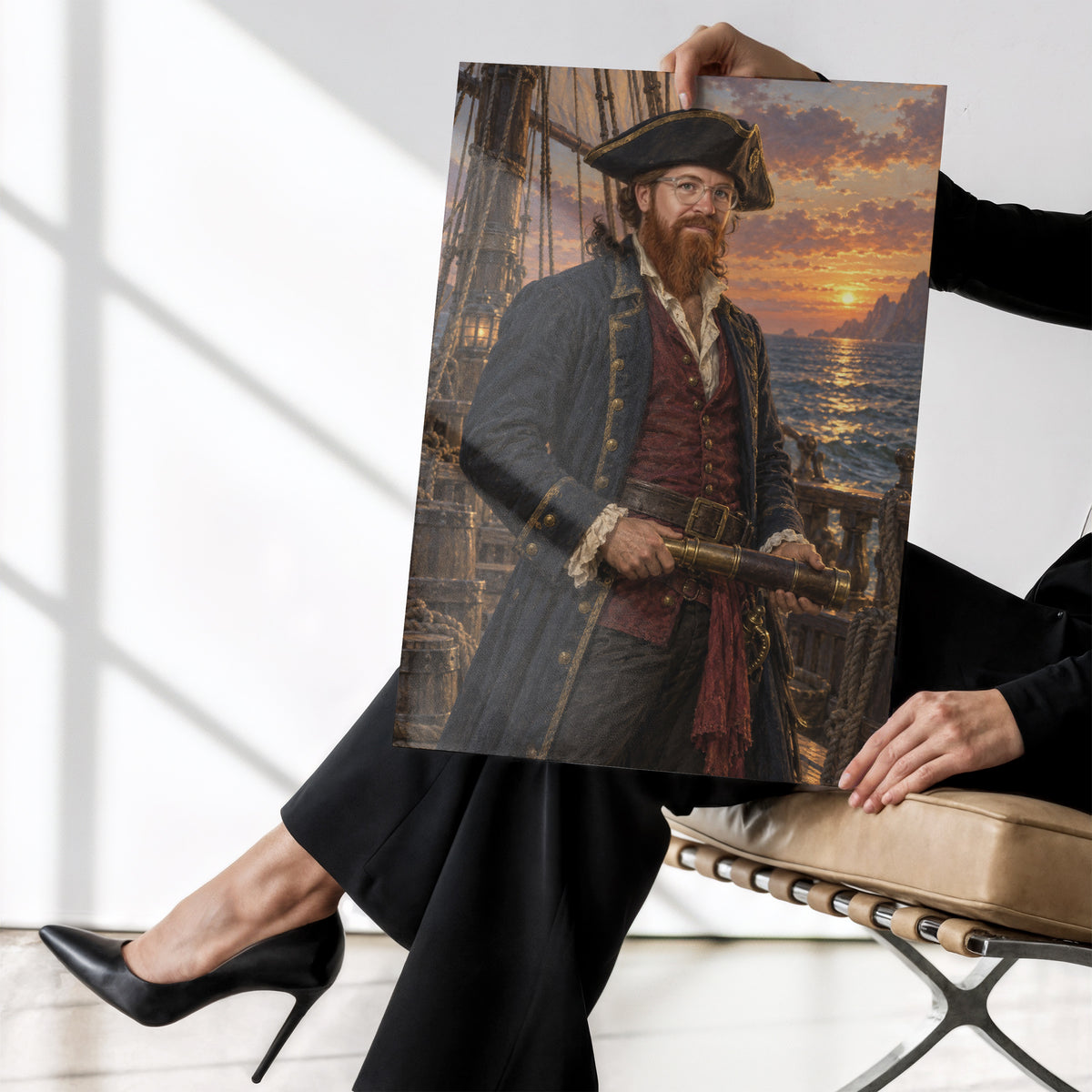 Kapitan Piratów — plakat bez ramki trzymany w dłoniach, z portretem mężczyzny w pirackim kapeluszu, z lunetą na pokładzie żaglowca. C-PL-ROY-16-2130-NF