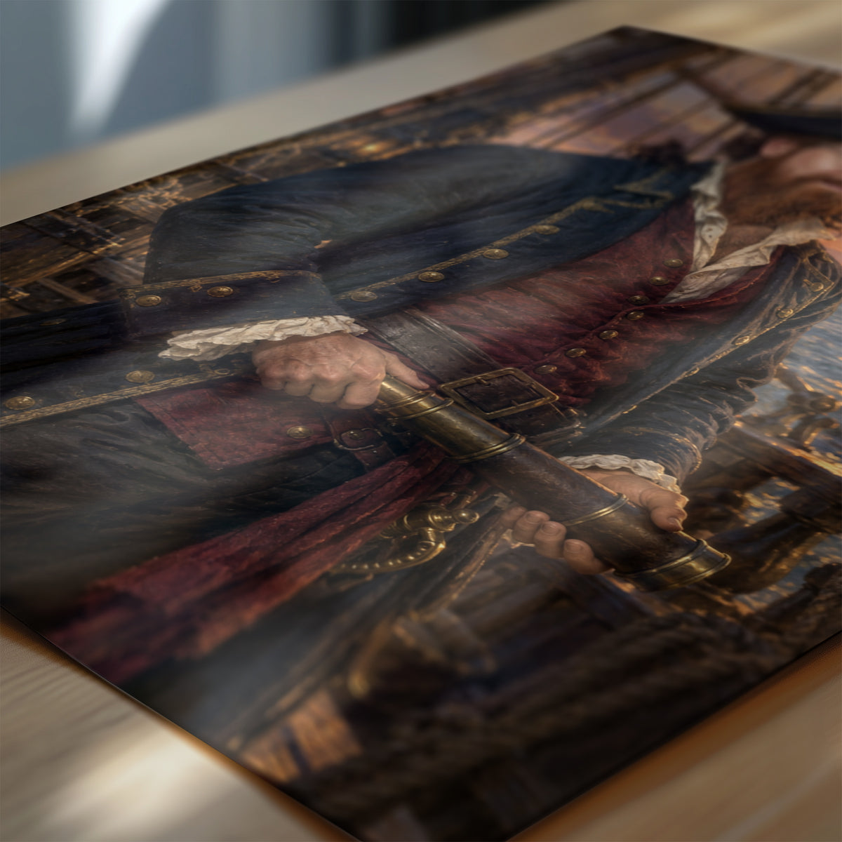 Zbliżenie plakatu Kapitan Piratów: detale malarskiego kostiumu, rekwizytów i tła na papierze fotograficznym. C-PL-ROY-16-2130-NF