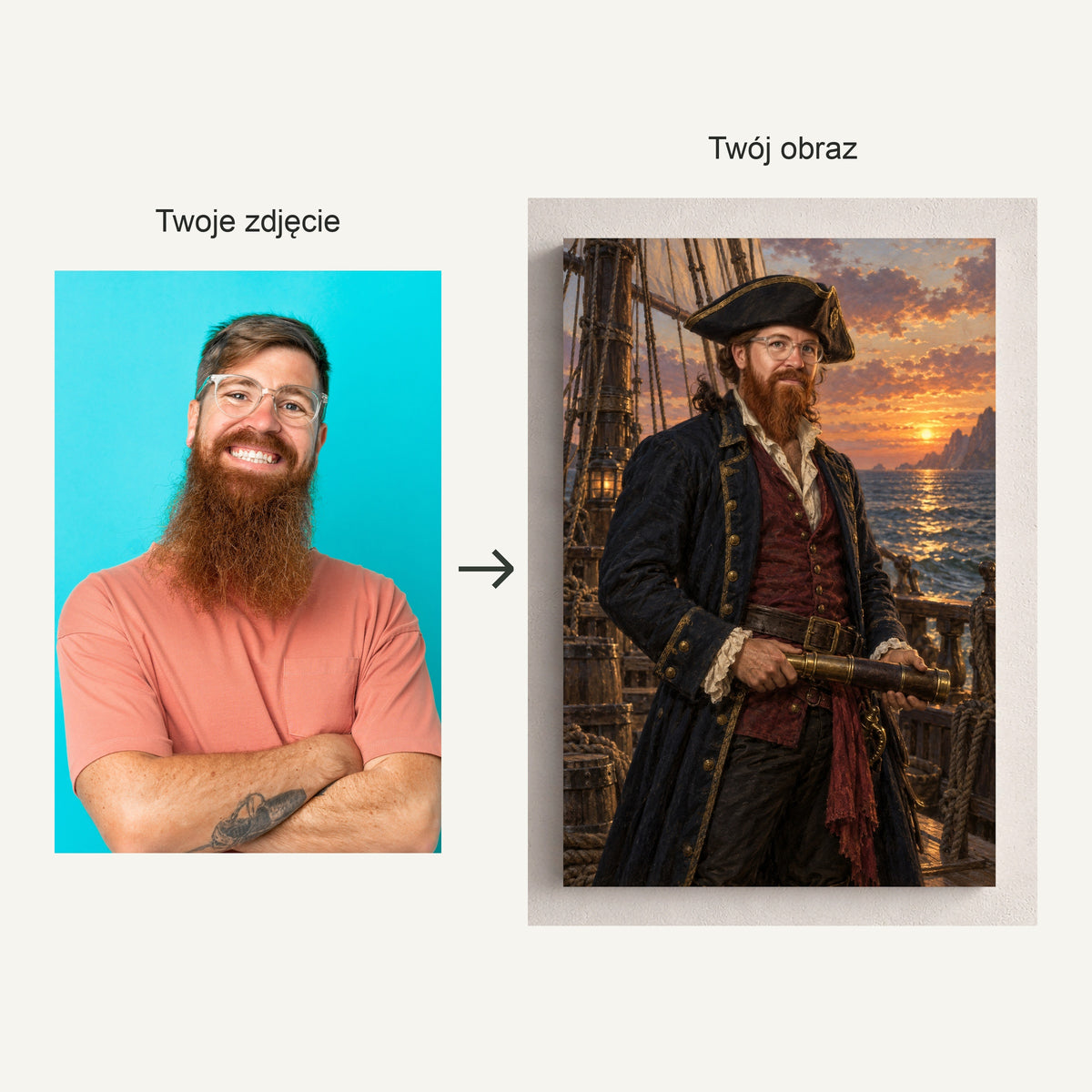 Kapitan piratów — fotografia źródłowa i rzeczywisty portret ze zdjęcia na płótnie, pokazane obok siebie ze strzałką przed i po. C-CV-ROY-16-2030