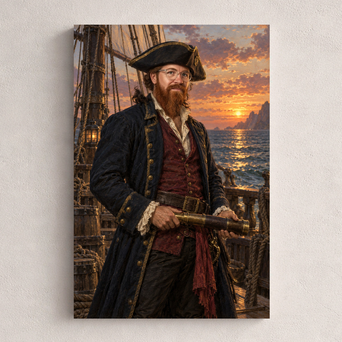 Kapitan piratów — personalizowany portret ze zdjęcia na płótnie, przykład obrazu w rozmiarze 20×30 cm na jasnej ścianie.