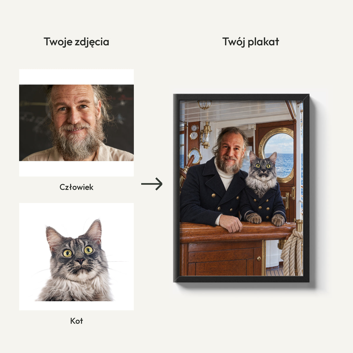Kapitanowie Przygody — plakat z kotem — dwa zdjęcia człowieka i pupila oraz gotowy wspólny portret C-PL-ROY-PET-07-2130-NF