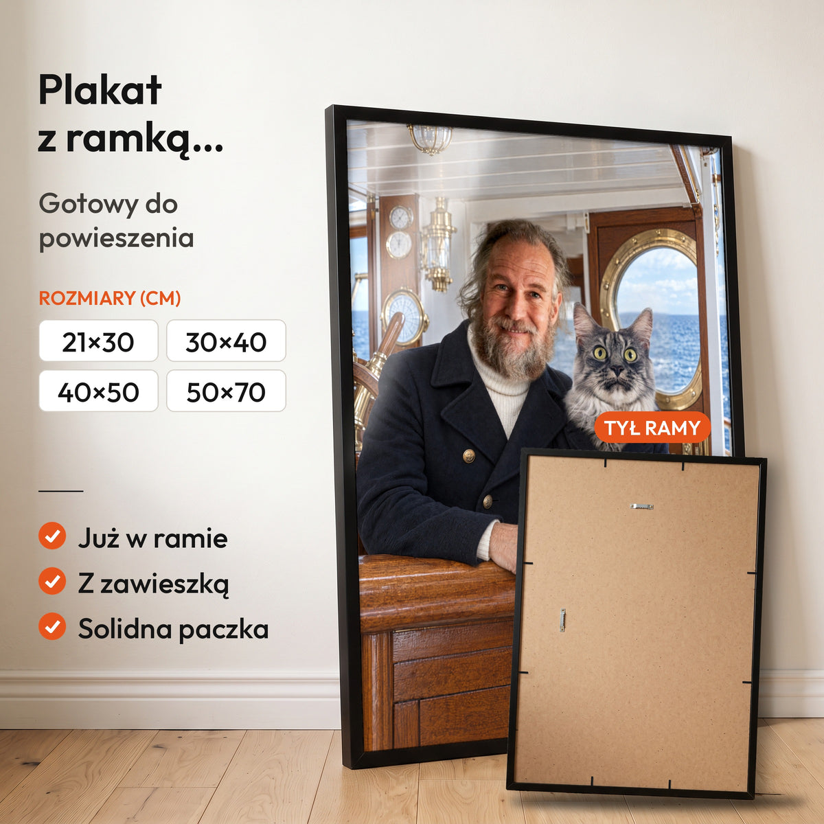 Kapitanowie Przygody — plakat z kotem — gotowy do powieszenia w ramce C-PL-ROY-PET-07-2130-NF