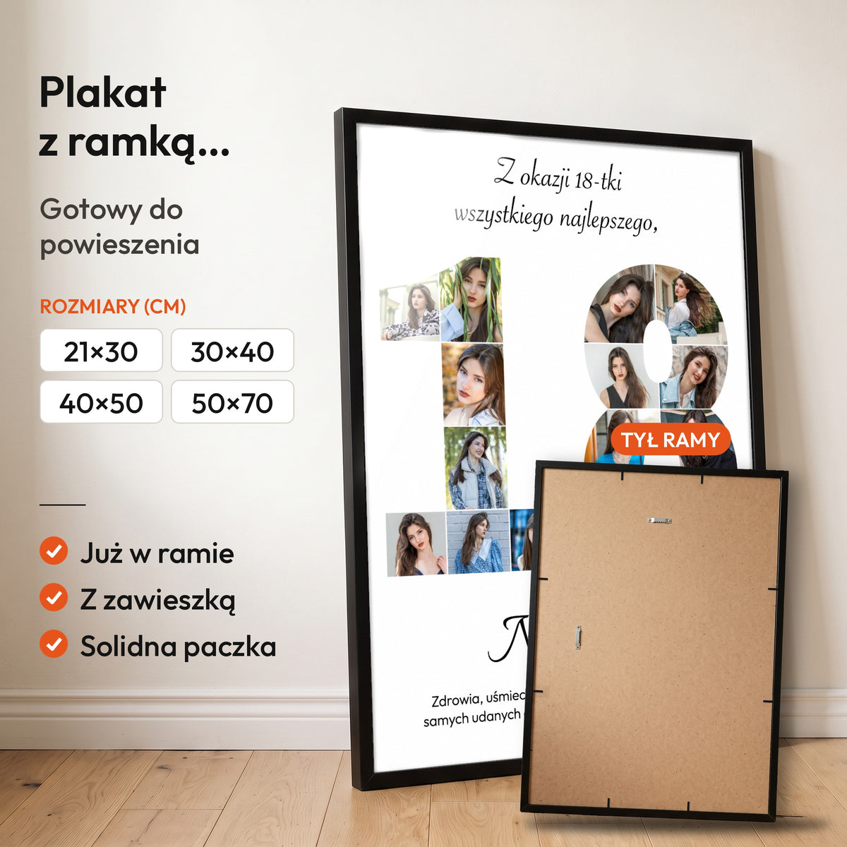 Kolaż na 18 urodziny — plakat z ramką, gotowy do powieszenia: czarna rama od przodu i tył ramy z zawieszką. C-PL-KOLAZ-18-1-2130-NF
