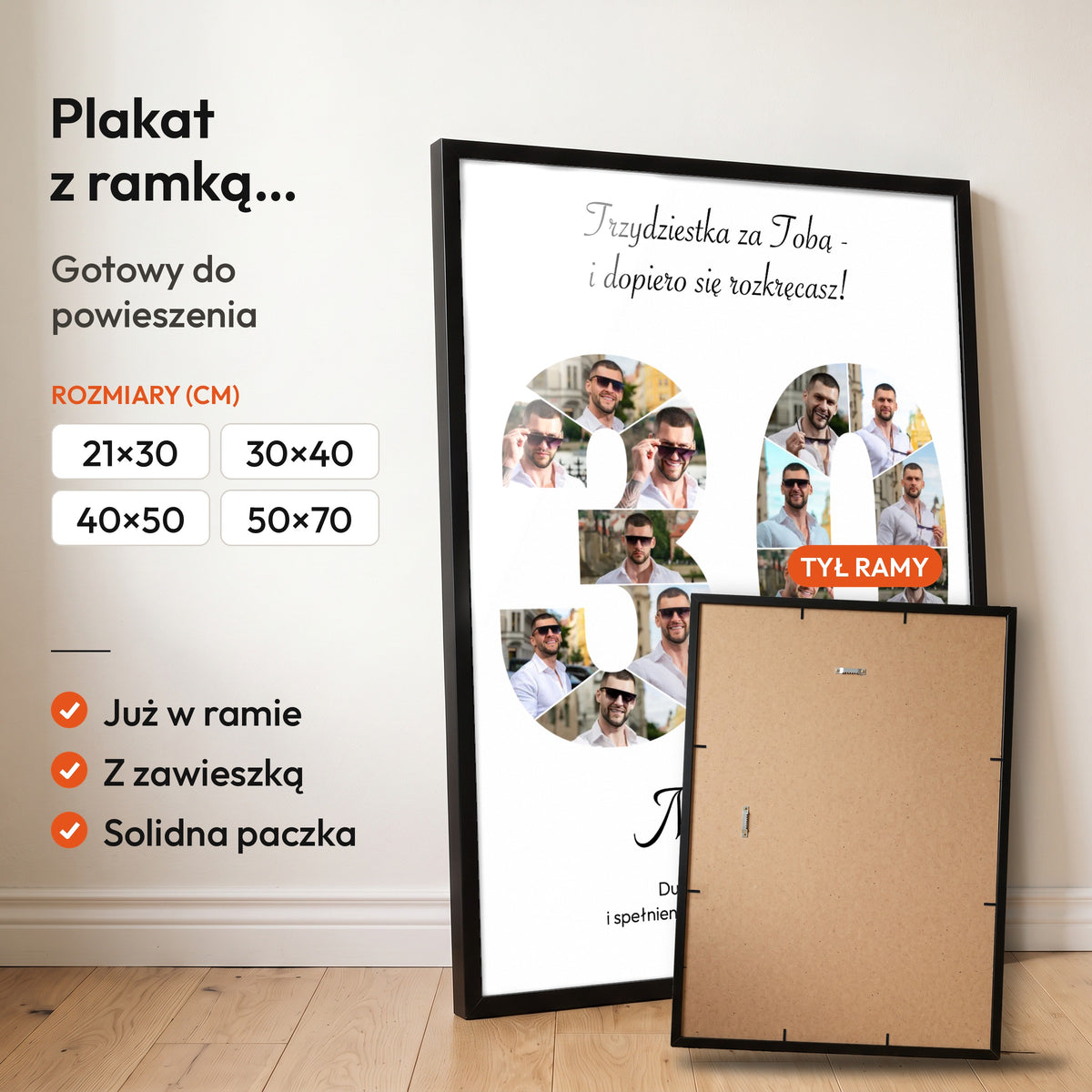 Kolaż na 30 urodziny — plakat z ramką, gotowy do powieszenia: czarna rama od przodu i tył ramy z zawieszką. C-PL-KOLAZ-30-1-2130-NF