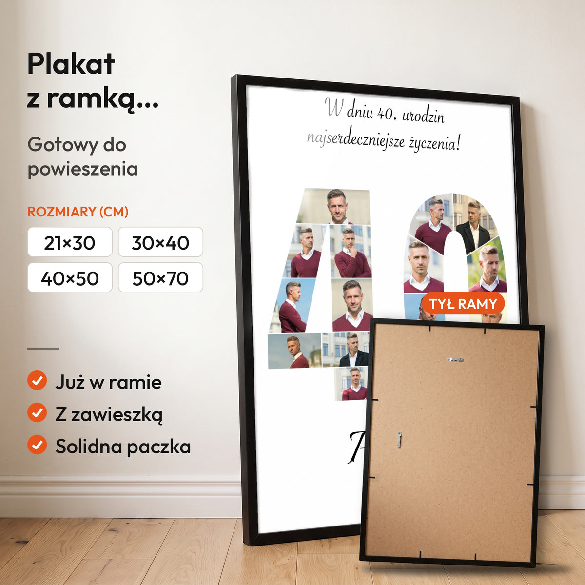 Kolaż na 40 urodziny — plakat z ramką, gotowy do powieszenia: czarna rama od przodu i tył ramy z zawieszką. C-PL-KOLAZ-40-1-2130-NF