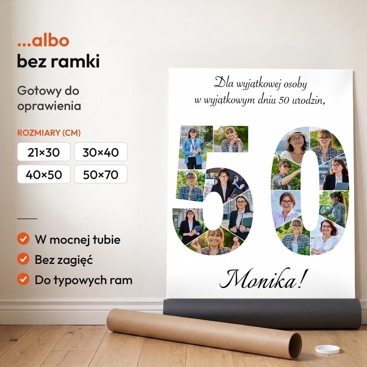 Kolaż na 50 urodziny — plakat bez ramki, gotowy do oprawienia: rozwinięty z rolki, obok tuba do wysyłki. C-PL-KOLAZ-50-1-2030-NF