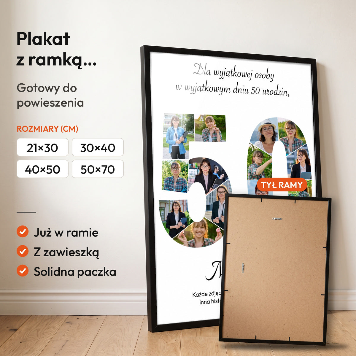 Kolaż na 50 urodziny — plakat z ramką, gotowy do powieszenia: czarna rama od przodu i tył ramy z zawieszką. C-PL-KOLAZ-50-1-2030-NF
