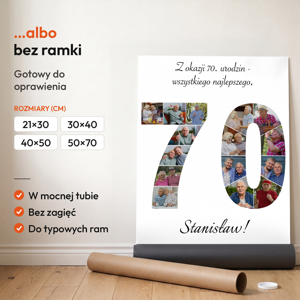 Kolaż na 70 urodziny — plakat bez ramki, gotowy do oprawienia: rozwinięty z rolki, obok tuba do wysyłki. C-PL-KOLAZ-70-1-2130-NF