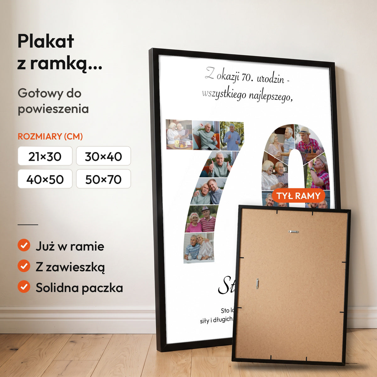 Kolaż na 70 urodziny — plakat z ramką, gotowy do powieszenia: czarna rama od przodu i tył ramy z zawieszką. C-PL-KOLAZ-70-1-2130-NF