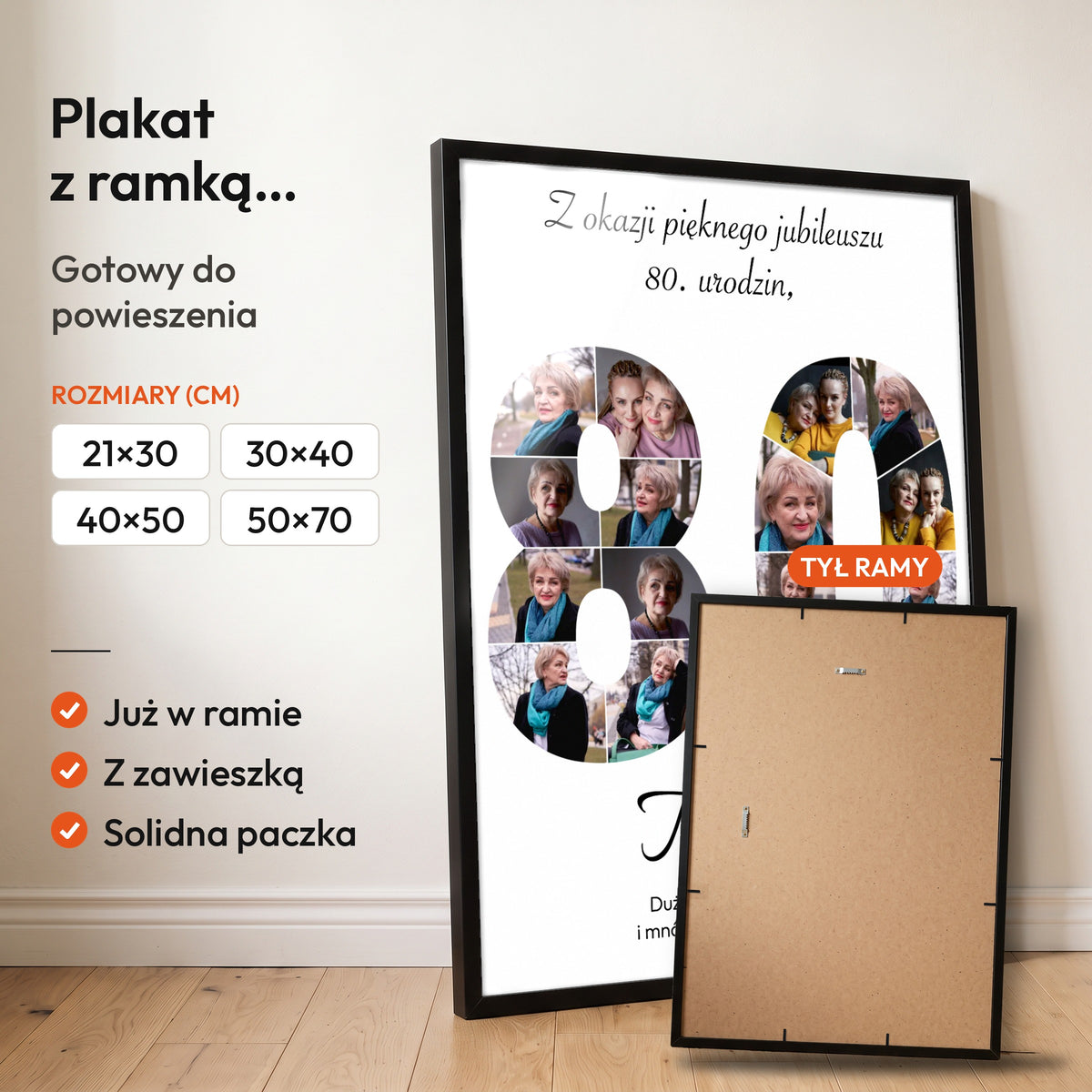 Kolaż na 80 urodziny — plakat z ramką, gotowy do powieszenia: czarna rama od przodu i tył ramy z zawieszką. C-PL-KOLAZ-80-1-2130-NF