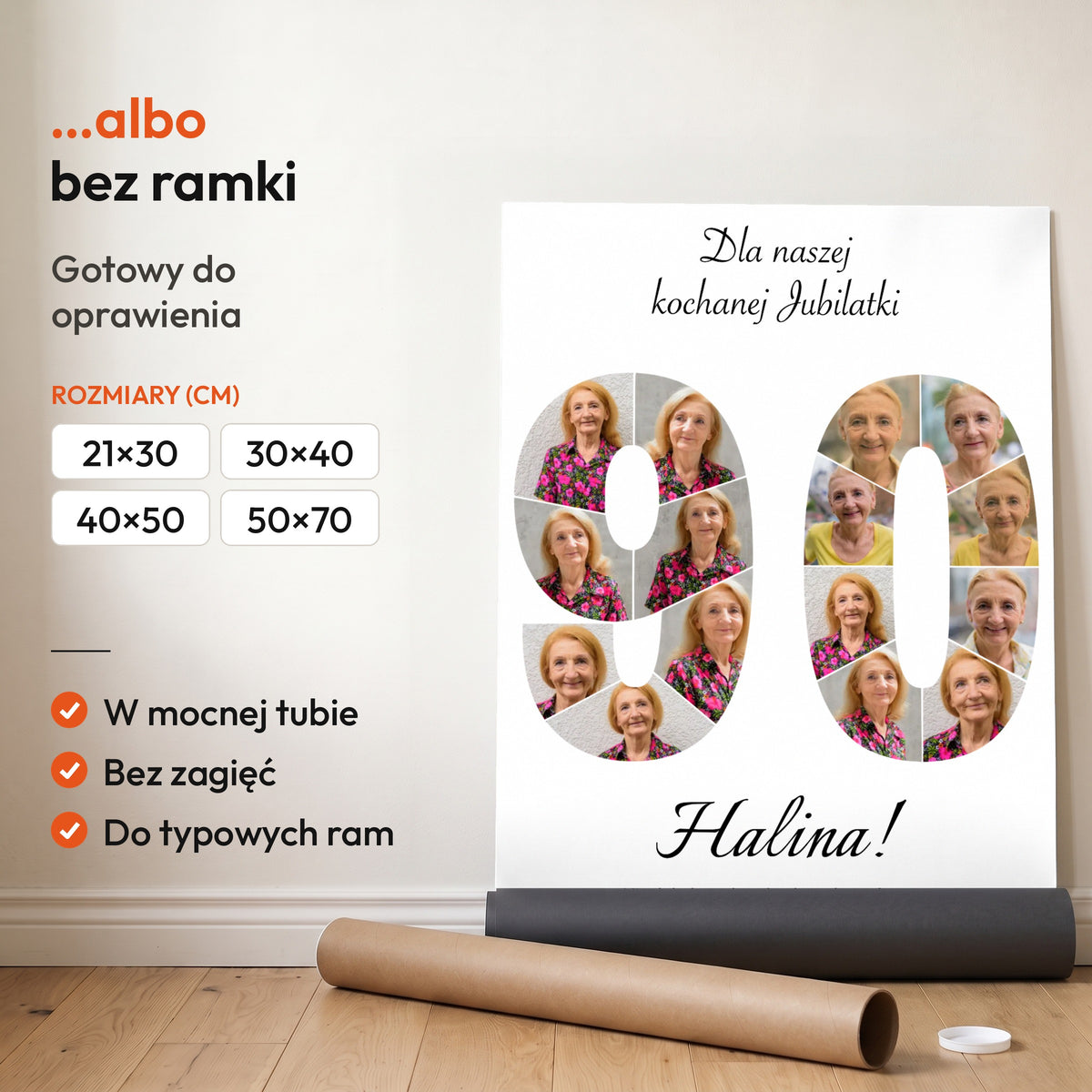 Kolaż na 90 urodziny — plakat bez ramki, gotowy do oprawienia: rozwinięty z rolki, obok tuba do wysyłki. C-PL-KOLAZ-90-1-2130-NF