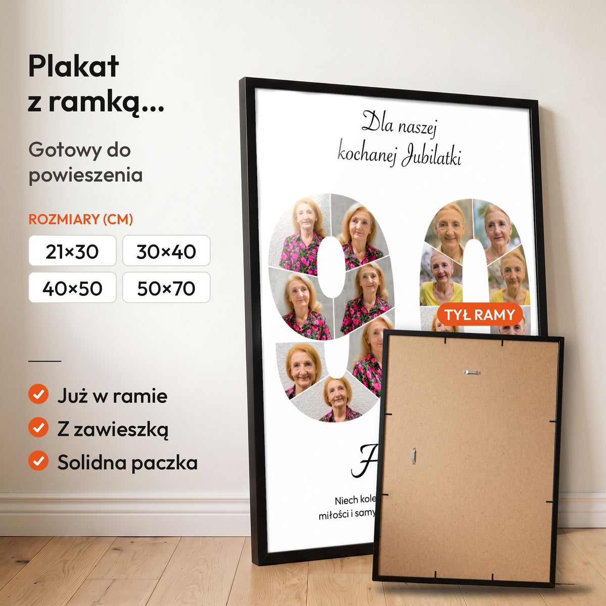 Kolaż na 90 urodziny — plakat z ramką, gotowy do powieszenia: czarna rama od przodu i tył ramy z zawieszką. C-PL-KOLAZ-90-1-2130-NF