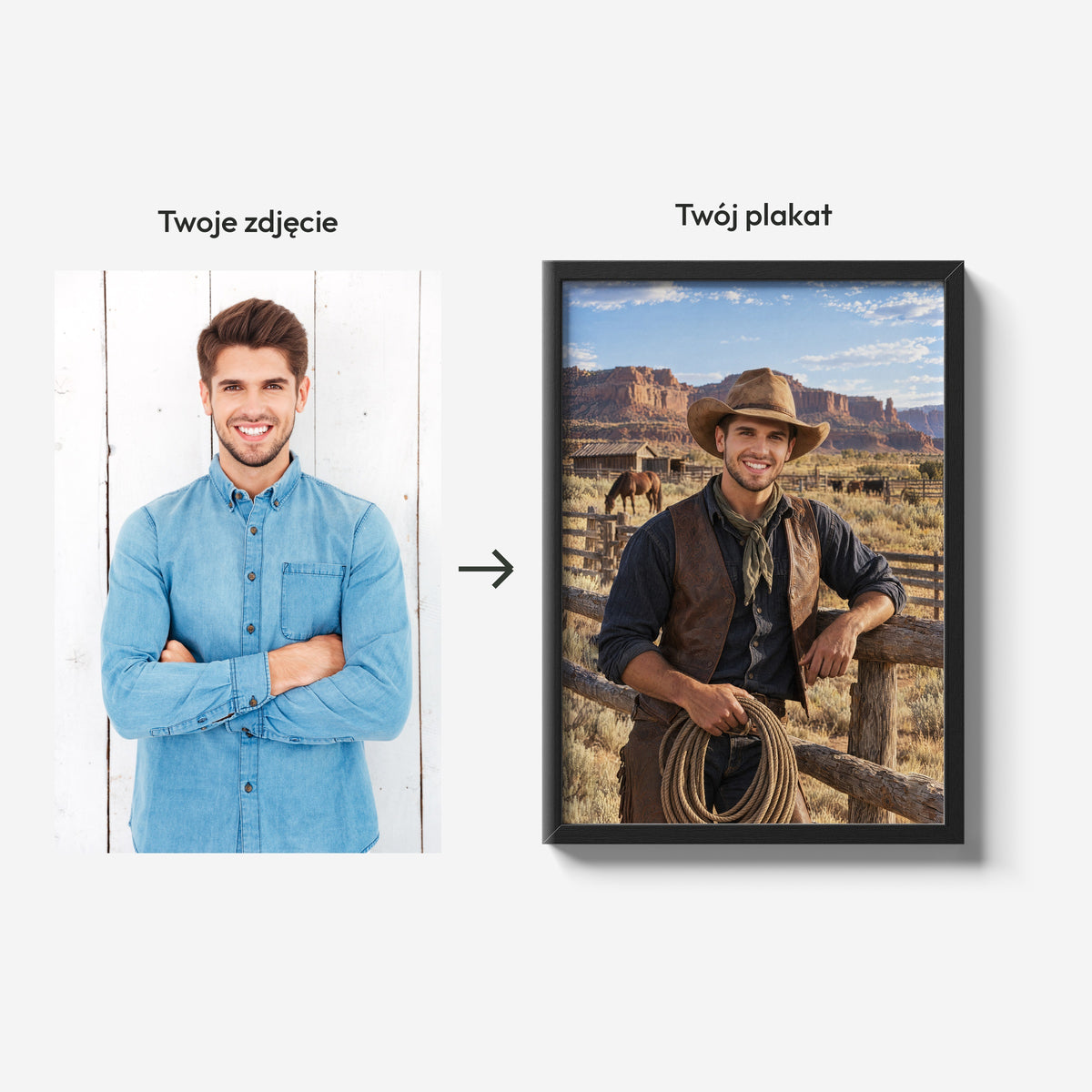 Kowboj z Rancza — zdjęcie i gotowy portret tej samej osoby C-PL-ROY-26-2130-NF