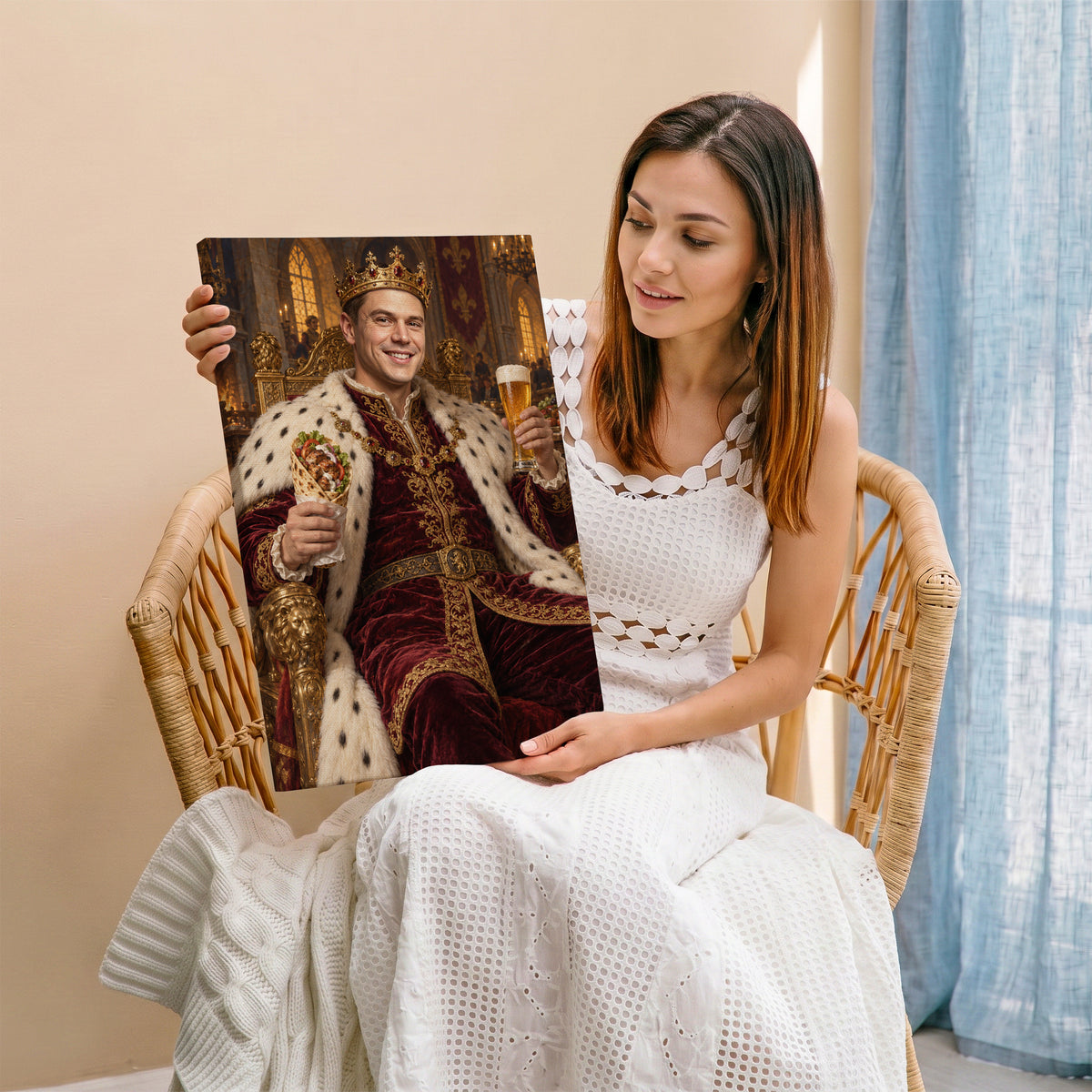 Król kebaba — portret ze zdjęcia na płótnie trzymany przez kobietę siedzącą w wiklinowym fotelu przy oknie. C-CV-ROY-05-2030