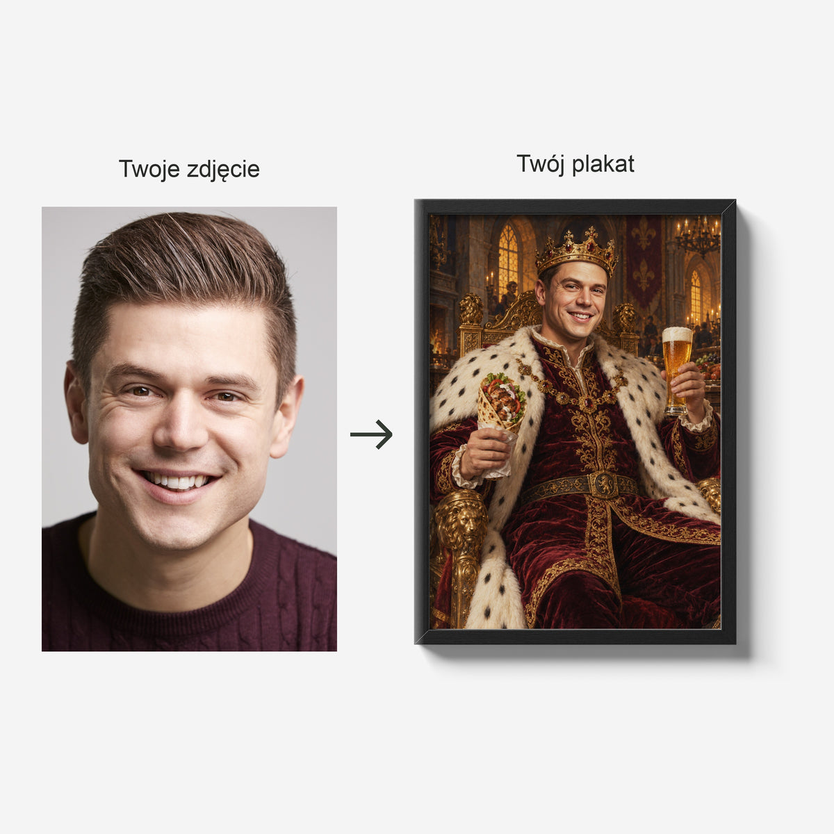 Król Kebaba — zdjęcie źródłowe i gotowy plakat w czarnej ramie; porównanie tej samej osoby przed i po personalizacji. C-PL-ROY-05-2130-NF
