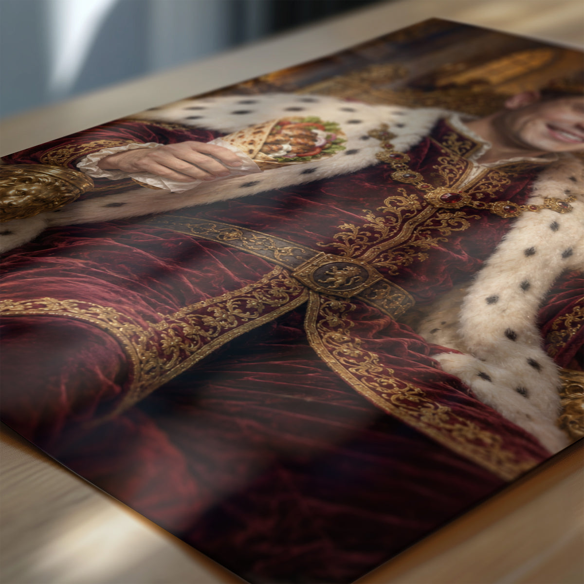 Zbliżenie plakatu Król Kebaba: detale malarskiego kostiumu, rekwizytów i tła na papierze fotograficznym. C-PL-ROY-05-2130-NF