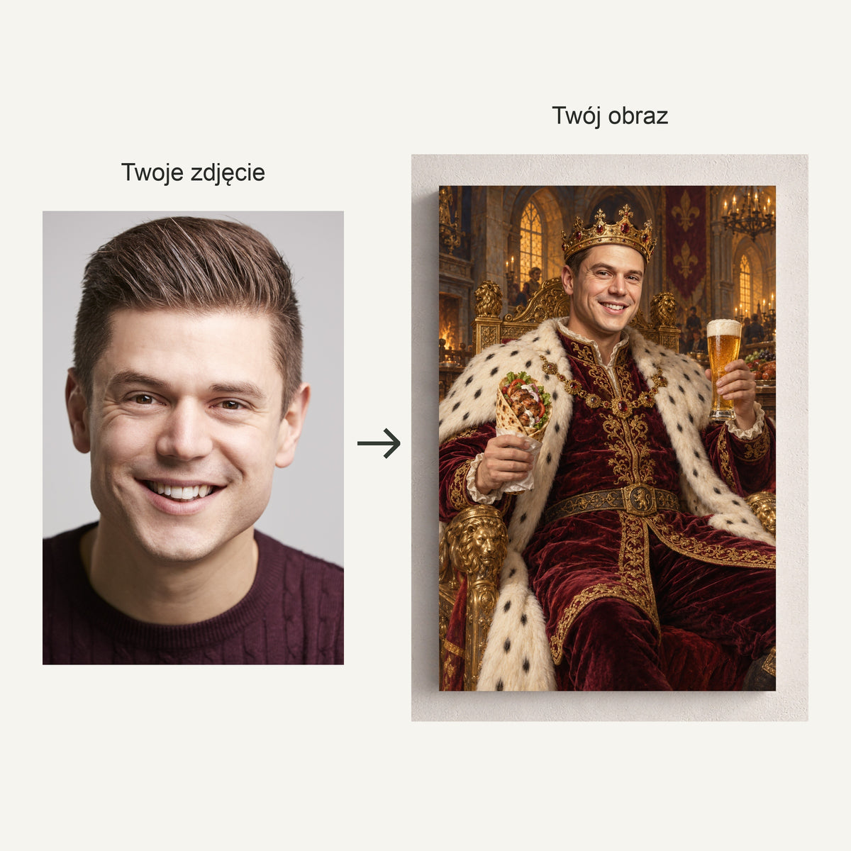 Król kebaba — fotografia źródłowa i rzeczywisty portret ze zdjęcia na płótnie, pokazane obok siebie ze strzałką przed i po. C-CV-ROY-05-2030