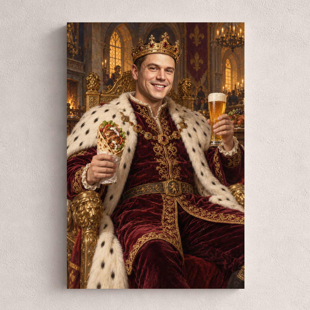 Król kebaba — personalizowany portret ze zdjęcia na płótnie, przykład obrazu w rozmiarze 20×30 cm na jasnej ścianie.