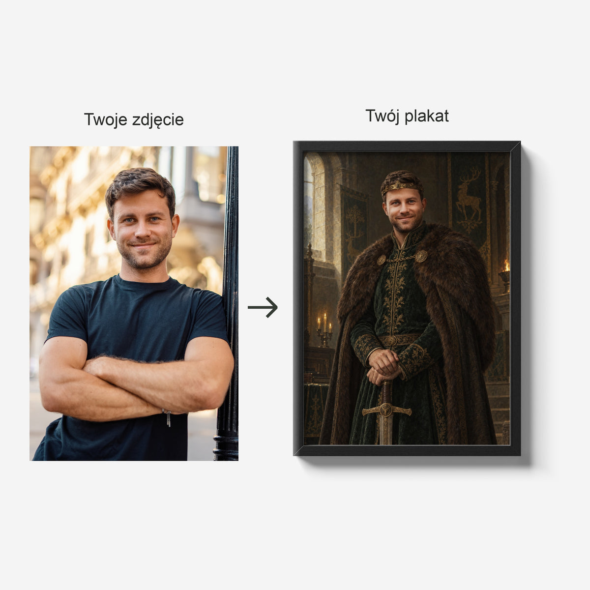 Król Północy — zdjęcie źródłowe i gotowy plakat w czarnej ramie; porównanie tej samej osoby przed i po personalizacji. C-PL-ROY-01-2130-NF