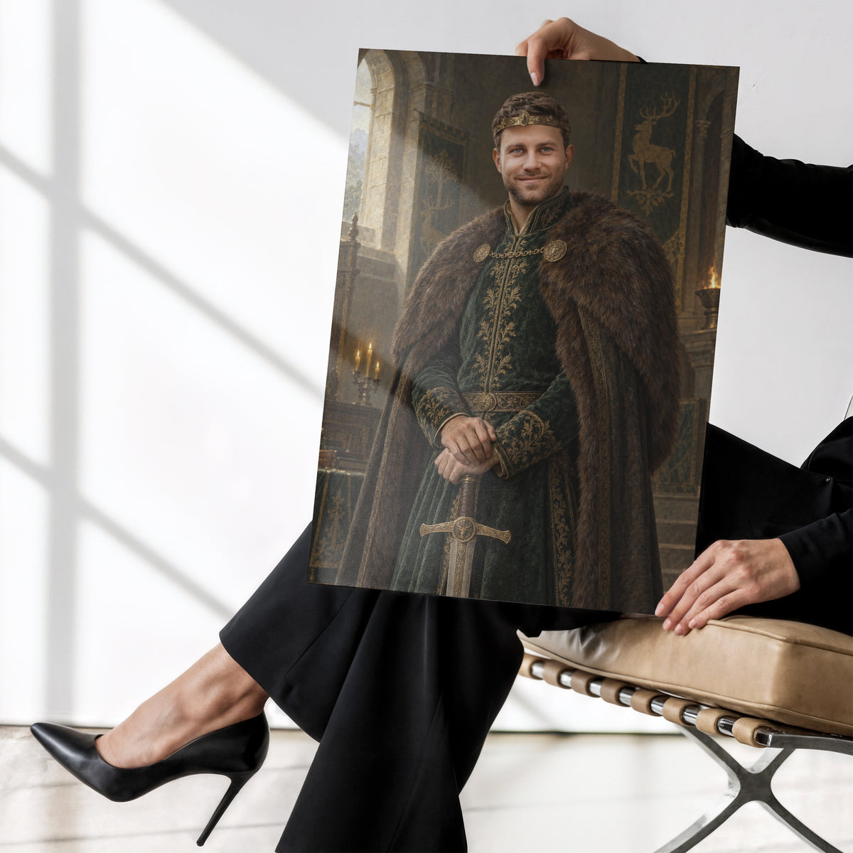 Król Północy — plakat bez ramki trzymany w dłoniach, z portretem mężczyzny w ciemnozielonym królewskim stroju, z mieczem w zamkowej sali. C-PL-ROY-01-2130-NF
