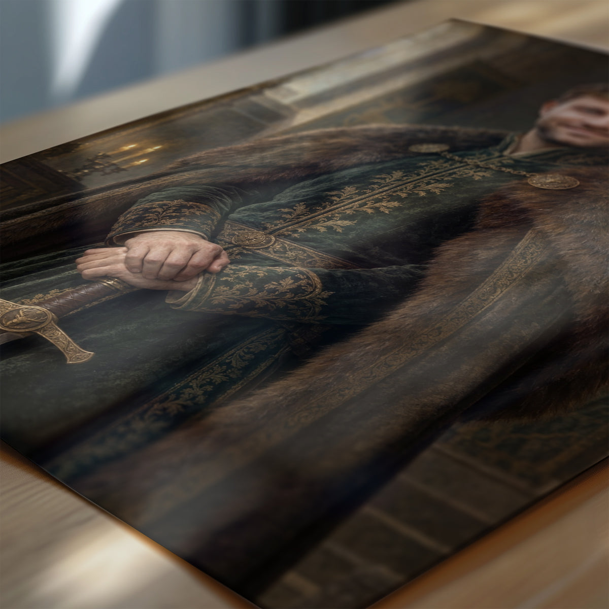 Zbliżenie plakatu Król Północy: detale malarskiego kostiumu, rekwizytów i tła na papierze fotograficznym. C-PL-ROY-01-2130-NF